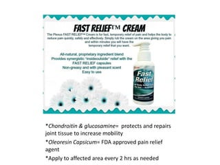 *Chondroitin & glucosamine= protects and repairs 
joint tissue to increase mobility 
*Oleoresin Capsicum= FDA approved pain relief 
agent 
*Apply to affected area every 2 hrs as needed 
 