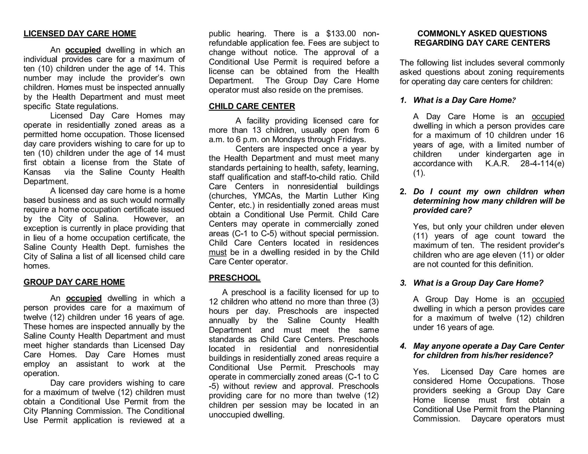 City of Salina BrochureChild & Day Care Centers Zoning Requirements PPT