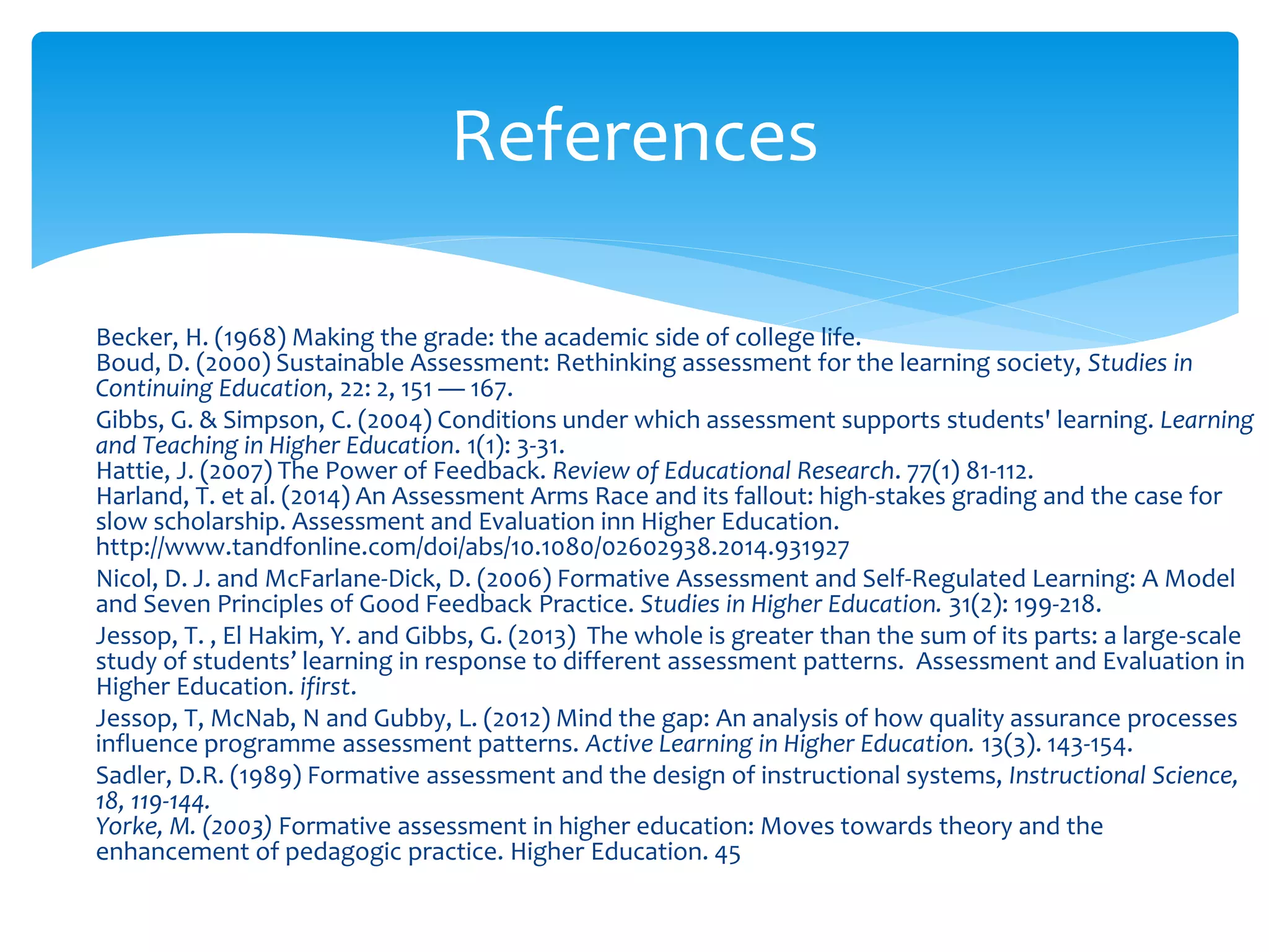 References 
Becker, H. (1968) Making the grade: the academic side of college life. 
Boud, D. (2000) Sustainable Assessment: Rethinking assessment for the learning society, Studies in 
Continuing Education, 22: 2, 151 — 167. 
Gibbs, G. & Simpson, C. (2004) Conditions under which assessment supports students' learning. Learning 
and Teaching in Higher Education. 1(1): 3-31. 
Hattie, J. (2007) The Power of Feedback. Review of Educational Research. 77(1) 81-112. 
Harland, T. et al. (2014) An Assessment Arms Race and its fallout: high-stakes grading and the case for 
slow scholarship. Assessment and Evaluation inn Higher Education. 
http://www.tandfonline.com/doi/abs/10.1080/02602938.2014.931927 
Nicol, D. J. and McFarlane-Dick, D. (2006) Formative Assessment and Self-Regulated Learning: A Model 
and Seven Principles of Good Feedback Practice. Studies in Higher Education. 31(2): 199-218. 
Jessop, T. , El Hakim, Y. and Gibbs, G. (2013) The whole is greater than the sum of its parts: a large-scale 
study of students’ learning in response to different assessment patterns. Assessment and Evaluation in 
Higher Education. ifirst. 
Jessop, T, McNab, N and Gubby, L. (2012) Mind the gap: An analysis of how quality assurance processes 
influence programme assessment patterns. Active Learning in Higher Education. 13(3). 143-154. 
Sadler, D.R. (1989) Formative assessment and the design of instructional systems, Instructional Science, 
18, 119-144. 
Yorke, M. (2003) Formative assessment in higher education: Moves towards theory and the 
enhancement of pedagogic practice. Higher Education. 45 
