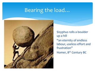 Bearing the load… 
Sisyphus rolls a boulder 
up a hill 
“an eternity of endless 
labour, useless effort and 
frustration” 
Homer, 8th Century BC 
 