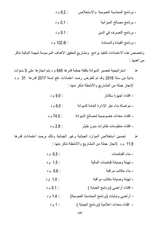 109
-‫العمومية‬ ‫المحاسبة‬ ‫برنامج‬‫واالستخالص‬:9.2‫د‬ ‫م‬
-‫الميزانية‬ ‫مصالح‬ ‫برنامج‬:0.1‫د‬ ‫م‬
-‫الدين‬ ‫في‬ ‫التصرف‬ ‫برنامج‬:0.1‫د‬ ‫م‬
-‫برنامج‬‫والمساندة‬ ‫القيادة‬:017.2‫د‬ ‫م‬
‫نذكر‬ ‫المالية‬ ‫لمهمة‬ ‫المرسومة‬ ‫األهداف‬ ‫لتحقيق‬ ‫ومشاريع‬ ‫برامج‬ ‫لتنفيذ‬ ‫االعتمادات‬ ‫هذه‬ ‫وتخصص‬
: ‫أهمها‬ ‫من‬
‫قدرها‬ ‫جملية‬ ‫بكلفة‬ ‫الديوانة‬ ‫تعصير‬ ‫استراتيجية‬225‫على‬ ‫انجازها‬ ‫يتم‬ ‫د‬ ‫م‬5‫سنوات‬
‫سنة‬ ‫من‬ ‫بداية‬7102‫وقد‬‫تم‬‫للغرض‬‫لسنة‬ ‫دفع‬ ‫اعتمادات‬ ‫رصد‬7102‫قدرها‬30‫د‬ ‫م‬
: ‫منها‬ ‫نذكر‬ ‫واألنشطة‬ ‫المشاريع‬ ‫من‬ ‫جملة‬ ‫إلنجاز‬
-: ‫سكانار‬ ‫أجهزة‬ ‫اقتناء‬0.1‫د‬ ‫م‬
-: ‫للديوانة‬ ‫العامة‬ ‫اإلدارة‬ ‫مقر‬ ‫بناء‬ ‫مواصلة‬2.1‫د‬ ‫م‬
-‫الد‬ ‫لمصالح‬ ‫خصوصية‬ ‫معدات‬ ‫اقتناء‬‫يوانة‬:2.57‫د‬ ‫م‬
-‫طيار‬ ‫بدون‬ ‫طائرات‬ ‫منظومات‬ ‫اقتناء‬:7.6‫د‬ ‫م‬
‫قدرها‬ ‫اعتمادات‬ ‫برصد‬ ‫وذلك‬ ‫الجبائية‬ ‫وغير‬ ‫الجبائية‬ ‫الموارد‬ ‫استخالص‬ ‫تحسين‬
00.0: ‫منها‬ ‫نذكر‬ ‫واألنشطة‬ ‫المشاريع‬ ‫من‬ ‫جملة‬ ‫إلنجاز‬ ‫د‬ ‫م‬
-‫القباضات‬ ‫بناء‬:2.5‫د‬ ‫م‬
-: ‫المالية‬ ‫قباضات‬ ‫وصيانة‬ ‫تهيئة‬0.5‫د‬ ‫م‬
-: ‫مراقبة‬ ‫مكاتب‬ ‫بناء‬1.2‫د‬ ‫م‬
-: ‫مراقبة‬ ‫مكاتب‬ ‫وصيانة‬ ‫تهيئة‬0.1‫د‬ ‫م‬
-‫الجباية‬ ‫(برنامج‬ ‫أراضي‬ ‫اقتناء‬: )1.0‫د‬ ‫م‬
-: )‫العمومية‬ ‫المحاسبة‬ ‫(برنامج‬ ‫وبنايات‬ ‫أراضي‬0.2‫د‬ ‫م‬
-) ‫الجباية‬ ‫(برنامج‬ ‫اعالمية‬ ‫معدات‬ ‫اقتناء‬:1‫د‬ ‫م‬
 