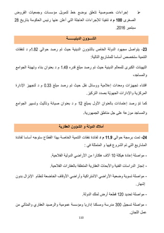 110
‫تتعلق‬ ‫خصوصية‬ ‫إجراءات‬‫القروض‬ ‫وجمعيات‬ ‫مؤسسات‬ ‫لتمويل‬ ‫خط‬ ‫بوضع‬
‫الصغرى‬111‫د‬ ‫م‬‫العاج‬ ‫لإلجراءات‬ ‫تنفيذا‬‫بتاريخ‬ ‫الحكومة‬ ‫رئيس‬ ‫عنها‬ ‫أعلن‬ ‫التي‬ ‫لة‬76
‫سبتمبر‬7102.
‫الدينيـــــــة‬ ‫الشـــؤون‬
23-‫حوالي‬ ‫رصد‬ ‫تم‬ ‫حيث‬ ‫الدينية‬ ‫بالشؤون‬ ‫الخاص‬ ‫الدولة‬ ‫مجهود‬ ‫يتواصل‬1.82‫لنفقات‬ ‫د‬ ‫م‬
:‫التالية‬ ‫للمشاريع‬ ‫أساسا‬ ‫ستخصص‬ ‫التنمية‬
‫قدره‬ ‫مبلغ‬ ‫رصد‬ ‫تم‬ ‫حيث‬ ‫الدينية‬ ‫للمعالم‬ ‫الكبرى‬ ‫التهيئات‬1.49‫د‬ ‫م‬‫الجوامع‬ ‫وتهيئة‬ ‫بناء‬ ‫بعنوان‬
،‫والمساجد‬
‫مبلغ‬ ‫رصد‬ ‫تم‬ ‫حيث‬ ‫نقل‬ ‫ووسائل‬ ‫إعالمية‬ ‫ومعدات‬ ‫تجهيزات‬ ‫اقتناء‬0.33‫اإلدارة‬ ‫لتجهيز‬ ‫د‬ ‫م‬
.‫التركيز‬ ‫بصدد‬ ‫ّة‬‫ي‬‫الجهو‬ ‫واإلدارات‬ ‫المركزية‬
‫بمبلغ‬ ‫األول‬ ‫بالعنوان‬ ‫إعتمادات‬ ‫رصد‬ ّ‫م‬‫ت‬ ‫كما‬12‫الجوامع‬ ‫وتسيير‬ ‫وتأثيث‬ ‫صيانة‬ ‫بعنوان‬ ‫د‬ ‫م‬
‫مو‬ ‫والمساجد‬‫الجمهورية‬ ‫مناطق‬ ‫جل‬ ‫على‬ ‫زعة‬.
‫العقارية‬ ‫الشؤون‬ ‫و‬ ‫الدولة‬ ‫أمالك‬
24-‫برمجة‬ ‫تمت‬‫حوالي‬11.9‫د‬ ‫م‬‫لفائدة‬ ‫أساسا‬ ‫ستوجه‬ ‫القطاع‬ ‫بهذا‬ ‫الخاصة‬ ‫التنمية‬ ‫نفقات‬ ‫لفائدة‬
: ‫في‬ ‫المتمثلة‬ ‫و‬ ‫فيها‬ ‫الشروع‬ ‫تم‬ ‫التي‬ ‫المشاريع‬
-‫هيكلة‬ ‫إعادة‬ ‫مواصلة‬10‫الفالحي‬ ‫الدولية‬ ‫األراضي‬ ‫من‬ ‫هكتارا‬ ‫آالف‬.‫ة‬
-.‫الفالحية‬ ‫بالعقارات‬ ‫المتعلقة‬ ‫العقارية‬ ‫واألبحاث‬ ‫الفنية‬ ‫الدراسات‬ ‫إنجاز‬
-‫بدون‬ ‫اإلنزال‬ ‫لنظام‬ ‫الخاضعة‬ ‫األوقاف‬ ‫وأراضي‬ ‫االشتراكية‬ ‫األراضي‬ ‫وضعية‬ ‫تسوية‬ ‫مواصلة‬
.‫إشهار‬
-‫تحديد‬ ‫مواصلة‬071.‫الدولة‬ ‫لملك‬ ‫أرض‬ ‫قطعة‬
-‫تسجيل‬ ‫مواصلة‬311‫عمومي‬ ‫ومؤسسة‬ ‫إداريا‬ ‫ومسكنا‬ ‫مدرسة‬‫من‬ ‫والمتأتي‬ ‫العقاري‬ ‫والرصيد‬ ‫ة‬
.‫اللجان‬ ‫عمل‬
 
