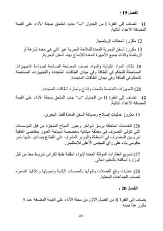 159
‫الفصل‬19:
1)‫الفقرة‬ ‫إلى‬ ‫تضاف‬I‫القيمة‬ ‫على‬ ‫األداء‬ ‫بمجلة‬ ‫الملحق‬ ‫جديد‬ "‫"ب‬ ‫الجدول‬ ‫من‬
:‫التالية‬ ‫األعداد‬ ‫المضافة‬
11‫ر‬ّ‫مكر‬.‫الرياضية‬ ‫ّات‬‫د‬‫المع‬ )
13‫البحري‬ ‫للمالحة‬ ‫المعدة‬ ‫البحرية‬ ‫السفن‬ )‫مكرر‬‫أو‬ ‫للنزهة‬ ‫معدة‬ ‫هي‬ ‫التي‬ ‫غير‬ ‫ة‬
.‫البحرية‬ ‫السفن‬ ‫بهذه‬ ‫لإلدماج‬ ‫المعدة‬ ‫األجهزة‬ ‫جميع‬ ‫وكذلك‬ ‫الرياضة‬
11)‫ثالثا‬‫التجهيزات‬ ‫لصناعة‬ ‫الصالحة‬ ‫المصنعة‬ ‫نصف‬ ‫والمواد‬ ‫األولية‬ ‫المواد‬
‫المستعملة‬ ‫والتجهيزات‬ ‫المتجددة‬ ‫الطاقات‬ ‫ميدان‬ ‫وفي‬ ‫الطاقة‬ ‫في‬ ‫للتحكم‬ ‫المستعملة‬
‫وف‬ ‫الطاقة‬ ‫في‬ ‫للتحكم‬.‫المتجددة‬ ‫الطاقات‬ ‫ميدان‬ ‫ي‬
11.‫المتجددة‬ ‫الطاقات‬ ‫وتجارة‬ ‫وإنتاج‬ ‫بالبحث‬ ‫الخاصة‬ ‫التجهيزات‬ )
2)‫الفقرة‬ ‫إلى‬ ‫تضاف‬II‫القيمة‬ ‫على‬ ‫األداء‬ ‫بمجلة‬ ‫الملحق‬ ‫جديد‬ "‫"ب‬ ‫الجدول‬ ‫من‬
:‫التالية‬ ‫األعداد‬ ‫المضافة‬
15)‫مكرر‬‫البحري‬ ‫للنقل‬ ‫ّة‬‫د‬‫المع‬ ‫السفن‬ ‫وصيانة‬ ‫إصالح‬ ‫عمليات‬.
16)‫الم‬ ‫الخدمات‬‫المؤسسات‬ ‫قبل‬ ‫من‬ ‫المنجزة‬ ‫السياح‬ ‫وعبور‬ ‫البواخر‬ ّ‫برسو‬ ‫تعلقة‬
‫اتفاقية‬ ‫بمقتضى‬ ‫العبور‬ ‫لسياحة‬ ‫مخصصة‬ ‫مينائية‬ ‫منطقة‬ ‫في‬ ‫التصرف‬ ‫تتولى‬ ‫التي‬
‫بأمر‬ ‫عليها‬ ‫يصادق‬ ‫القطاع‬ ‫على‬ ‫المشرف‬ ‫والوزير‬ ‫المنطقة‬ ‫في‬ ‫المتصرف‬ ‫بين‬ ‫تبرم‬
.‫لإلستثمار‬ ‫األعلى‬ ‫المجلس‬ ‫رأي‬ ‫على‬ ‫بناء‬ ‫حكومي‬
11)‫ال‬ ‫تسويغ‬‫قبل‬ ‫من‬ ّ‫د‬‫مع‬ ‫شروط‬ ‫لكراس‬ ‫طبقا‬ ‫الطلبة‬ ‫إليواء‬ ‫المعدة‬ ‫المؤثثة‬ ‫عقارات‬
.‫العالي‬ ‫بالتعليم‬ ‫المكلفة‬ ‫الوزارة‬
11‫عمليات‬ )‫المنجزة‬ ‫وإتالفها‬ ‫وتحويلها‬ ‫البلدية‬ ‫بالمصبات‬ ‫وقبولها‬ ‫الفضالت‬ ‫رفع‬
.‫المحلية‬ ‫الجماعات‬ ‫لحساب‬
‫الفصل‬21:
‫الفقرة‬ ‫إلى‬ ‫يضاف‬II‫األد‬ ‫مجلة‬ ‫من‬ ‫ل‬ ّ‫األو‬ ‫الفصل‬ ‫من‬‫عدد‬ ‫المضافة‬ ‫القيمة‬ ‫على‬ ‫اء‬5
:‫ه‬ّ‫ص‬‫ن‬ ‫هذا‬ ‫مكرر‬
 