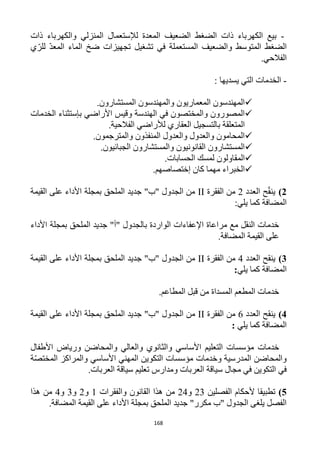 168
-‫المع‬ ‫الضعيف‬ ‫الضغط‬ ‫ذات‬ ‫الكهرباء‬ ‫بيع‬‫ذات‬ ‫والكهرباء‬ ‫المنزلي‬ ‫لإلستعمال‬ ‫دة‬
‫ي‬ّ‫للر‬ ّ‫د‬‫المع‬ ‫الماء‬ ‫ضخ‬ ‫تجهيزات‬ ‫تشغيل‬ ‫في‬ ‫المستعملة‬ ‫والضعيف‬ ‫المتوسط‬ ‫الضغط‬
.‫الفالحي‬
-‫الخدمات‬‫يسديها‬ ‫التي‬:
.‫المستشارون‬ ‫والمهندسون‬ ‫المعماريون‬ ‫المهندسون‬
‫الخدمات‬ ‫بإستثناء‬ ‫األراضي‬ ‫وقيس‬ ‫الهندسة‬ ‫في‬ ‫والمختصون‬ ‫المصورون‬
‫المتعلقة‬.‫الفالحية‬ ‫لألراضي‬ ‫العقاري‬ ‫بالتسجيل‬
.‫والمترجمون‬ ‫المنفذون‬ ‫والعدول‬ ‫والعدول‬ ‫المحامون‬
.‫الجبائيون‬ ‫والمستشارون‬ ‫القانونيون‬ ‫المستشارون‬
.‫الحسابات‬ ‫لمسك‬ ‫المقاولون‬
.‫إختصاصهم‬ ‫كان‬ ‫مهما‬ ‫الخبراء‬
2)‫العدد‬ ‫ح‬ّ‫ق‬‫ين‬2‫الفقرة‬ ‫من‬II‫القيمة‬ ‫على‬ ‫األداء‬ ‫بمجلة‬ ‫الملحق‬ ‫جديد‬ "‫"ب‬ ‫الجدول‬ ‫من‬
:‫يلي‬ ‫كما‬ ‫المضافة‬
‫ب‬ ‫الواردة‬ ‫اإلعفاءات‬ ‫مراعاة‬ ‫مع‬ ‫النقل‬ ‫خدمات‬‫األداء‬ ‫بمجلة‬ ‫الملحق‬ ‫جديد‬ "‫"أ‬ ‫الجدول‬
‫المضافة‬ ‫القيمة‬ ‫على‬.
3)‫ينقح‬‫العدد‬4‫الفقرة‬ ‫من‬II‫القيمة‬ ‫على‬ ‫األداء‬ ‫بمجلة‬ ‫الملحق‬ ‫جديد‬ "‫"ب‬ ‫الجدول‬ ‫من‬
‫يلي‬ ‫كما‬ ‫المضافة‬:
‫المطاعم‬ ‫قبل‬ ‫من‬ ‫المسداة‬ ‫المطعم‬ ‫خدمات‬.
4)‫ينقح‬‫الع‬‫دد‬6‫الفقرة‬ ‫من‬II‫القيمة‬ ‫على‬ ‫األداء‬ ‫بمجلة‬ ‫الملحق‬ ‫جديد‬ "‫"ب‬ ‫الجدول‬ ‫من‬
‫يلي‬ ‫كما‬ ‫المضافة‬:
‫خدمات‬‫األطفال‬ ‫ورياض‬ ‫والمحاضن‬ ‫والعالي‬ ‫والثانوي‬ ‫األساسي‬ ‫التعليم‬ ‫مؤسسات‬
‫ة‬ّ‫ص‬‫المخت‬ ‫والمراكز‬ ‫األساسي‬ ‫المهني‬ ‫التكوين‬ ‫مؤسسات‬ ‫وخدمات‬ ‫المدرسية‬ ‫والمحاضن‬
‫ال‬ ‫سياقة‬ ‫مجال‬ ‫في‬ ‫التكوين‬ ‫في‬.‫العربات‬ ‫سياقة‬ ‫تعليم‬ ‫ومدارس‬ ‫عربات‬
5)‫الفصلين‬ ‫ألحكام‬ ‫تطبيقا‬13‫و‬14‫والفقرات‬ ‫القانون‬ ‫هذا‬ ‫من‬1‫و‬1‫و‬3‫و‬4‫هذا‬ ‫من‬
.‫المضافة‬ ‫القيمة‬ ‫على‬ ‫األداء‬ ‫بمجلة‬ ‫الملحق‬ ‫جديد‬ "‫مكرر‬ ‫"ب‬ ‫الجدول‬ ‫يلغى‬ ‫الفصل‬
 