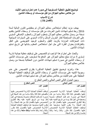 243
‫التثبت‬ ‫واجب‬ ‫احترام‬ ‫عدم‬ ‫صورة‬ ‫في‬ ‫المستوجبة‬ ‫الخطية‬ ‫تطبيق‬ ‫توضيح‬
‫التأمين‬ ‫وسطاء‬ ‫أو‬ ‫مؤسسات‬ ‫قبل‬ ‫من‬ ‫الجوالن‬ ‫معاليم‬ ‫خالص‬ ‫من‬
‫األسباب‬ ‫شرح‬
‫(الفصل‬54)
‫ق‬ ‫بمقتضى‬ ‫تم‬ ‫الجوالن‬ ‫معاليم‬ ‫استخالص‬ ‫إحكام‬ ‫مزيد‬ ‫بهدف‬‫لسنة‬ ‫المالية‬ ‫انون‬
1216‫بتقديم‬ ‫التأمين‬ ‫وسطاء‬ ‫أو‬ ‫مؤسسات‬ ‫قبل‬ ‫من‬ ‫العربات‬ ‫تأمين‬ ‫شهادات‬ ‫تسليم‬ ‫ربط‬
‫السنوي‬ ‫اإلضافي‬ ‫والمعلوم‬ ‫الجوالن‬ ‫(معلوم‬ ‫الجوالن‬ ‫معاليم‬ ‫خالص‬ ‫وصل‬ ‫من‬ ‫نسخة‬
‫السياحية‬ ‫السيارات‬ ‫على‬ ‫السنوي‬ ‫واألداء‬ ‫السائل‬ ‫البترول‬ ‫لغاز‬ ‫المستعملة‬ ‫العربات‬ ‫على‬
‫كات‬ّ‫المحر‬ ‫ذات‬‫النقل‬ ‫على‬ ‫التعويضي‬ ‫الوحيد‬ ‫والمعلوم‬ ‫الثقيل‬ ‫بالزيت‬ ‫دة‬ ّ‫المزو‬
‫تسليم‬ ‫تاريخ‬ ‫في‬ ‫بشأنها‬ ‫المعلوم‬ ‫استخالص‬ ‫أجل‬ ‫حل‬ ‫التي‬ ‫الفترة‬ ‫بعنوان‬ )‫بالطرقات‬
.‫التأمين‬ ‫شهادات‬
‫إدارية‬ ‫جبائية‬ ‫خطية‬ ‫توظيف‬ ‫على‬ ‫التنصيص‬ ‫تم‬ ‫الواجب‬ ‫هذا‬ ‫احترام‬ ‫على‬ ‫وللحث‬
‫تساوي‬5‫غير‬ ‫الجوالن‬ ‫معاليم‬ ‫مبلغ‬ ‫مرات‬‫التأمين‬ ‫مؤسسات‬ ‫على‬ ‫تستوجب‬ ‫المدفوعة‬
‫وصل‬ ‫من‬ ‫بنسخة‬ ‫المطالبة‬ ‫دون‬ ‫التأمين‬ ‫شهادات‬ ‫تسليم‬ ‫صورة‬ ‫في‬ ‫التأمين‬ ‫وسطاء‬ ‫أو‬
.‫الجوالن‬ ‫معاليم‬ ‫خالص‬
‫عدم‬ ‫على‬ ‫التنصيص‬ ‫يقترح‬ ‫المذكورة‬ ‫الخطية‬ ‫تطبيق‬ ‫توضيح‬ ‫ولمزيد‬ ،‫هذا‬
‫ا‬ ‫توظيف‬ ‫قبل‬ ‫التأمين‬ ‫وسطاء‬ ‫أو‬ ‫التأمين‬ ‫مؤسسات‬ ‫على‬ ‫التنبيه‬ ‫وجوبية‬‫الجبائية‬ ‫لخطية‬
.‫التأمين‬ ‫شهادات‬ ‫تسليم‬ ‫عند‬ ‫الجوالن‬ ‫معاليم‬ ‫خالص‬ ‫من‬ ‫التثبت‬ ‫عدم‬ ‫على‬ ‫المطبقة‬
:‫المقترح‬ ‫والنص‬ ‫الحالي‬ ‫النص‬ ‫التالي‬ ‫الجدول‬ ‫ويبين‬
‫الحالي‬ ‫النص‬‫المقترح‬ ‫النص‬
‫الفصل‬42:
..........
‫المنصوص‬ ‫اإلدارية‬ ‫الجبائية‬ ‫الخطايا‬ ‫توظف‬
‫بالفصلين‬ ‫عليها‬14‫و‬ ‫ثالثا‬14‫سادسا‬‫هذه‬ ‫من‬
‫بتسوية‬ ‫المخالف‬ ‫قيام‬ ‫عدم‬ ‫صورة‬ ‫في‬ ‫المجلة‬
‫أجل‬ ‫في‬ ‫وضعيته‬32‫عليه‬ ‫التنبيه‬ ‫تاريخ‬ ‫من‬ ‫يوما‬
‫بالفصل‬ ‫عليها‬ ‫المنصوص‬ ‫للطرق‬ ‫وفقا‬12‫من‬
‫عند‬ ‫مستوجبا‬ ‫التنبيه‬ ‫يكون‬ ‫وال‬ .‫المجلة‬ ‫هذه‬
‫المنصوص‬ ‫اإلدارية‬ ‫الجبائية‬ ‫الخطايا‬ ‫توظيف‬
‫بالفصول‬ ‫عليها‬14‫و‬ ‫مكرر‬14‫و‬ ‫رابعا‬14
‫و‬ ‫خامسا‬15‫م‬.‫المجلة‬ ‫هذه‬ ‫ن‬
‫الفصل‬42:
..........
‫عليها‬ ‫المنصوص‬ ‫اإلدارية‬ ‫الجبائية‬ ‫الخطايا‬ ‫توظف‬
‫بالفصلين‬14‫و‬ ‫ثالثا‬14‫في‬ ‫المجلة‬ ‫هذه‬ ‫من‬ ‫سادسا‬
‫أجل‬ ‫في‬ ‫وضعيته‬ ‫بتسوية‬ ‫المخالف‬ ‫قيام‬ ‫عدم‬ ‫صورة‬
32‫للطرق‬ ‫وفقا‬ ‫عليه‬ ‫التنبيه‬ ‫تاريخ‬ ‫من‬ ‫يوما‬
‫بالفصل‬ ‫عليها‬ ‫المنصوص‬12‫وال‬ .‫المجلة‬ ‫هذه‬ ‫من‬
‫يكو‬‫الجبائية‬ ‫الخطايا‬ ‫توظيف‬ ‫عند‬ ‫مستوجبا‬ ‫التنبيه‬ ‫ن‬
‫بالفصول‬ ‫عليها‬ ‫المنصوص‬ ‫اإلدارية‬14‫مكرر‬
‫و‬14‫و‬ ‫رابعا‬14‫خامسا‬‫و‬84‫سابعا‬‫و‬15‫هذه‬ ‫من‬
.‫المجلة‬
 