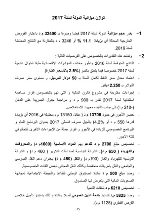 25
‫لسنة‬ ‫الدولة‬ ‫ميزانية‬ ‫توازن‬2017
0-‫يقدر‬‫ميزانية‬ ‫حجم‬‫لسنة‬ ‫الدولة‬2017‫بـ‬ ‫وصرفا‬ ‫قبضا‬32400‫د‬ ‫م‬‫القروض‬ ‫باعتبار‬
‫أي‬ ‫المحالة‬ ‫الخارجية‬‫بزياد‬‫ة‬11.1%‫أو‬3246‫المحتملة‬ ‫النتائج‬ ‫مع‬ ‫بالمقارنة‬ ‫د‬ ‫م‬
‫لسنة‬2016.
6-‫بالخ‬ ‫التقديرات‬ ‫هذه‬ ‫وتعتمد‬: ‫التالية‬ ‫الفرضيات‬ ‫على‬ ‫صوص‬
-‫لسنة‬ ‫المتوقعة‬ ‫النتائج‬2112‫التنمية‬ ‫لمنوال‬ ‫طبقا‬ ‫االقتصادية‬ ‫المؤشرات‬ ‫مختلف‬ ‫وتطور‬
‫لسنة‬211.( ‫بالنمو‬ ‫يتعلق‬ ‫فيما‬ ‫خصوصا‬2.5%‫القـارة‬ ‫باألسـعار‬.)
-‫بـ‬ ‫السنة‬ ‫لكامل‬ ‫النفط‬ ‫سعر‬ ‫معدل‬ ‫اعتماد‬50‫للبرميل‬ ‫دوالر‬‫صرف‬ ‫سعر‬ ‫مستوى‬ ‫و‬ ،
‫بـ‬ ‫الدوالر‬2.250‫د‬‫ينار‬.
-‫بالخصوص‬ ‫تهم‬ ‫التي‬ ‫و‬ ‫المالية‬ ‫قانون‬ ‫مشروع‬ ‫في‬ ‫مقترحة‬ ‫إجراءات‬‫مساهمة‬ ‫إقرار‬
‫لسنة‬ ‫استثنائية‬211.‫بـ‬ ‫تقدر‬911‫د‬ ‫م‬‫الدخل‬ ‫على‬ ‫الضريبة‬ ‫جدول‬ ‫مراجعة‬ ‫و‬
(-211‫تكثيف‬ ‫جانب‬ ‫إلى‬ )‫د‬ ‫م‬‫مجهود‬‫االستخالص‬.
-‫حدود‬ ‫في‬ ‫األجور‬ ‫حصر‬07311‫د‬ ‫م‬‫مقابل‬ (13150‫في‬ ‫محتملة‬ ‫د‬ ‫م‬2112‫بزيادة‬ ‫أي‬
‫قدرها‬221‫أو‬ ‫د‬ ‫م‬4.2%‫قسطي‬ ‫صرف‬ ‫بتأجيل‬ )211.‫و‬ ‫العام‬ ‫البرنامج‬ ‫بعنوان‬
‫في‬ ‫للتحكم‬ ‫األخرى‬ ‫اإلجراءات‬ ‫من‬ ‫جملة‬ ‫إقرار‬ ‫و‬ ‫األجور‬ ‫في‬ ‫للزيادة‬ ‫الخصوصي‬ ‫البرنامج‬
.‫األجور‬ ‫كتلة‬
-‫مبلغ‬ ‫تخصيص‬6311‫للدعم‬ ‫د‬ ‫م‬‫يهم‬( ‫األساسية‬ ‫المواد‬0211‫د‬ ‫م‬‫و‬ )‫المحروقات‬
( ‫والكهرباء‬221‫د‬ ‫م‬):‫التكرير‬ ‫لصناعات‬ ‫التونسية‬ ‫الشركة‬(821‫د‬ ‫م‬)‫الشركة‬ ‫و‬
‫والغاز‬ ‫للكهرباء‬ ‫التونسية‬(191‫و‬ )‫د‬ ‫م‬( ‫النقل‬221‫د‬ ‫م‬)‫المدرسي‬ ‫النقل‬ ‫دعم‬ ‫بـعنوان‬
‫الخصوصي‬ ‫الفئات‬ ‫لبعض‬ ‫المجاني‬ ‫النقل‬ ‫وكذلك‬ ‫منخفضة‬ ‫بتعريفات‬ ‫والنقل‬ ‫والجامعي‬.‫ة‬
-‫مبلغ‬ ‫رصد‬211‫د‬ ‫م‬‫لفائدة‬‫للتقاعد‬ ‫الوطني‬ ‫الصندوق‬‫والحيطة‬‫االجتماعية‬‫لمجابهة‬
.‫الصندوق‬ ‫لها‬ ‫يتعرض‬ ‫التي‬ ‫المالية‬ ‫الصعوبات‬
-‫تخصيص‬6210‫د‬ ‫م‬‫التنمية‬ ‫لنفقات‬
-‫رصد‬2162‫م.د‬‫لتسديد‬‫العمومي‬ ‫الدين‬ ‫خدمة‬‫خالص‬ ‫تأجيل‬ ‫باعتبار‬ ‫ذلك‬ ‫و‬ ‫وفائدة‬ ‫أصال‬
( ‫القطري‬ ‫القرض‬1122.)‫د‬ ‫م‬
 
