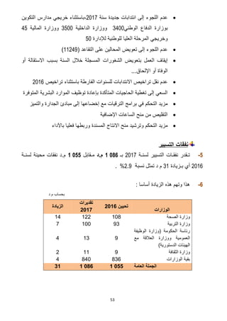53
‫سنة‬ ‫جديدة‬ ‫انتدابات‬ ‫إلى‬ ‫اللجوء‬ ‫عدم‬7102‫التكوين‬ ‫مدارس‬ ‫خريجي‬ ‫،باستثناء‬
‫الوطني‬ ‫الدفاع‬ ‫بوزارة‬3211‫الداخلية‬ ‫ووزارة‬3511‫المالية‬ ‫ووزارة‬25
‫لإلدارة‬ ‫للوطنية‬ ‫العليا‬ ‫المرحلة‬ ‫وخريجي‬51
( ‫التقاعد‬ ‫على‬ ‫المحالين‬ ‫تعويض‬ ‫إلى‬ ‫اللجوء‬ ‫عدم‬00720)
‫بتعوي‬ ‫العمل‬ ‫إيقاف‬‫أو‬ ‫االستقالة‬ ‫بسبب‬ ‫السنة‬ ‫خالل‬ ‫المسجلة‬ ‫الشغورات‬ ‫ض‬
...‫اإللحاق‬ ‫أو‬ ‫الوفاة‬
‫تراخيص‬ ‫باستثناء‬ ‫الفارطة‬ ‫للسنوات‬ ‫االنتدابات‬ ‫تراخيص‬ ‫نقل‬ ‫عدم‬7102
‫المتوفرة‬ ‫البشرية‬ ‫الموارد‬ ‫توظيف‬ ‫بإعادة‬ ‫المتأكدة‬ ‫الحاجيات‬ ‫تغطية‬ ‫إلى‬ ‫السعي‬
‫ا‬ ‫مبادئ‬ ‫إلى‬ ‫إخضاعها‬ ‫مع‬ ‫الترقيات‬ ‫برامج‬ ‫في‬ ‫التحكم‬ ‫مزيد‬‫والتميز‬ ‫لجدارة‬
‫اإلضافية‬ ‫الساعات‬ ‫منح‬ ‫من‬ ‫التقليص‬
‫باآلداء‬ ‫فعليا‬ ‫وربطها‬ ‫المسندة‬ ‫االنتاج‬ ‫منح‬ ‫وترشيد‬ ‫التحكم‬ ‫مزيد‬
‫نفقات‬‫التسيير‬
2-‫لسنـة‬ ‫التسيير‬ ‫نفقـات‬ ‫تـقدر‬7102‫بـ‬211.1‫م.د‬‫مـقابل‬122.1‫لسنـة‬ ‫محينة‬ ‫نفقات‬ ‫م.د‬
7102‫بـزيادة‬ ‫أي‬30‫تمثل‬ ‫د‬ ‫م‬‫نسبة‬7.0%.
2-‫هذ‬ ‫وتهم‬ ‫هذا‬‫أساسا‬ ‫الزيادة‬ ‫ه‬:
‫د‬ ‫م‬ ‫بحساب‬
‫تحيين‬6102
‫تقديرات‬
6103
‫الزيادة‬
‫الوزارات‬
‫الصحة‬ ‫وزارة‬11412218
‫وزارة‬‫التربية‬93111.
‫الوظيفة‬ ‫(وزارة‬ ‫الحكومة‬ ‫رئاسة‬
‫ووزار‬ ‫العمومية‬‫مع‬ ‫العالقة‬ ‫ة‬
)‫الدستورية‬ ‫الهيئات‬
9138
‫وزارة‬‫الثقافة‬9112
‫الوزارات‬ ‫بقية‬4324818
‫العامة‬ ‫الجملة‬0.1220.11270
 