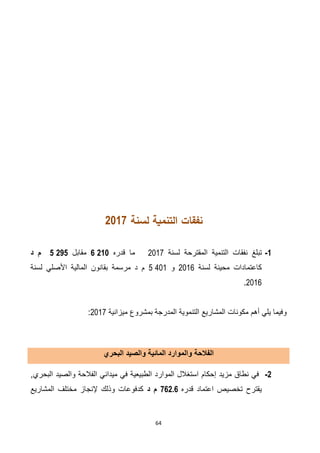 64
‫لسنة‬ ‫التنمية‬ ‫نفقات‬2117
1-‫تبلغ‬‫التنمية‬ ‫نفقات‬‫المقترحة‬‫لسنة‬7102‫ما‬‫قدره‬2.211‫مقابل‬2.262‫د‬ ‫م‬
‫محينة‬ ‫كاعتمادات‬‫لسنة‬7102‫و‬5.210‫لسنة‬ ‫األصلي‬ ‫المالية‬ ‫بقانون‬ ‫مرسمة‬ ‫د‬ ‫م‬
7102.
‫و‬‫أهم‬ ‫يلي‬ ‫فيما‬‫المشاريع‬ ‫مكونات‬‫ميزانية‬ ‫بمشروع‬ ‫المدرجة‬ ‫التنموية‬7102:
‫و‬ ‫الفالحة‬‫و‬ ‫المائية‬ ‫الموارد‬‫البحري‬ ‫الصيد‬
2-3‫البحري‬ ‫والصيد‬ ‫الفالحة‬ ‫ميداني‬ ‫في‬ ‫الطبيعية‬ ‫الموارد‬ ‫استغالل‬ ‫إحكام‬ ‫مزيد‬ ‫نطاق‬ ‫في‬
‫قدره‬ ‫اعتماد‬ ‫تخصيص‬ ‫يقترح‬.6722‫د‬ ‫م‬‫المشاريع‬ ‫مختلف‬ ‫إلنجاز‬ ‫وذلك‬ ‫كدفوعات‬
 