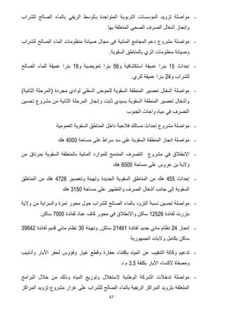 67
-‫للشراب‬ ‫الصالح‬ ‫بالماء‬ ‫الريفي‬ ‫بالوسط‬ ‫المتواجدة‬ ‫التربوية‬ ‫المؤسسات‬ ‫تزويد‬ ‫مواصلة‬
‫بها‬ ‫المتعلقة‬ ‫الصحي‬ ‫الصرف‬ ‫أشغال‬ ‫وإنجاز‬
-‫المائي‬ ‫المجامع‬ ‫دعم‬ ‫مشروع‬ ‫مواصلة‬‫للشراب‬ ‫الصالح‬ ‫الماء‬ ‫منظومات‬ ‫صيانة‬ ‫مجال‬ ‫في‬ ‫ة‬
‫السقوية‬ ‫بالمناطق‬ ‫الري‬ ‫منظومات‬ ‫وصيانة‬.
-‫إحداث‬05‫و‬ ‫استكشافية‬ ‫عميقة‬ ‫بئرا‬52‫تعويضية‬ ‫بئرا‬‫و‬00‫الصالح‬ ‫للماء‬ ‫عميقة‬ ‫بئرا‬
‫و‬ ‫للشراب‬72.‫للري‬ ‫عميقة‬ ‫بئرا‬
-‫ال‬ ‫(المرحلة‬ ‫مجردة‬ ‫لوادي‬ ‫السفلي‬ ‫للحوض‬ ‫السقوية‬ ‫المنطقة‬ ‫تعصير‬ ‫أشغال‬ ‫مواصلة‬)‫ثانية‬
‫تحسين‬ ‫مشروع‬ ‫من‬ ‫الثانية‬ ‫المرحلة‬ ‫وإنجاز‬ ‫ثابت‬ ‫بسيدي‬ ‫السقوية‬ ‫المنطقة‬ ‫تعصير‬ ‫وأشغال‬
‫الجنوب‬ ‫واحات‬ ‫مياه‬ ‫في‬ ‫التصرف‬
-‫العمومية‬ ‫السقوية‬ ‫المناطق‬ ‫داخل‬ ‫فالحية‬ ‫مسالك‬ ‫إحداث‬ ‫مشروع‬ ‫مواصلة‬
-‫مساحة‬ ‫على‬ ‫سراط‬ ‫سد‬ ‫على‬ ‫السقوية‬ ‫المنطقة‬ ‫انجاز‬ ‫مواصلة‬2111‫هك‬
-‫ا‬ ‫مشروع‬ ‫في‬ ‫اإلنطالق‬‫من‬ ‫بمرناق‬ ‫السقوية‬ ‫بالمنطقة‬ ‫المائية‬ ‫للموارد‬ ‫المندمج‬ ‫لتصرف‬
‫مساحة‬ ‫على‬ ‫عروس‬ ‫بن‬ ‫والية‬2511‫هك‬
-‫إحداث‬255‫وتعصير‬ ‫وتهيئة‬ ‫الجديدة‬ ‫السقوية‬ ‫المناطق‬ ‫من‬ ‫هك‬2276‫المناطق‬ ‫من‬ ‫هك‬
‫مساحة‬ ‫على‬ ‫والتطهير‬ ‫الصرف‬ ‫أشغال‬ ‫جانب‬ ‫إلى‬ ‫السقوية‬3051‫هك‬
-‫الصال‬ ‫بالماء‬ ‫التزود‬ ‫نسبة‬ ‫تحسين‬ ‫مواصلة‬‫م‬ ‫حول‬ ‫للشراب‬ ‫ح‬‫والية‬ ‫من‬ ‫والسراية‬ ‫تمرة‬ ‫حور‬
‫لفائدة‬ ‫بنزرت‬07572‫لفائدة‬ ‫عباد‬ ‫كاف‬ ‫محور‬ ‫في‬ ‫واإلنطالق‬ ‫ساكن‬2111.‫ساكن‬
-‫إنجاز‬72‫لفائدة‬ ‫جديد‬ ‫مائي‬ ‫نظام‬70220‫وتهيئة‬ 3‫ساكن‬31‫لفائدة‬ ‫قديم‬ ‫مائي‬ ‫نظام‬30627
‫الجمهورية‬ ‫واليات‬ ‫بكامل‬ ‫ساكن‬
-‫بإقتناء‬ ‫المياه‬ ‫عن‬ ‫التنقيب‬ ‫وكالة‬ ‫تدعيم‬‫وأنابيب‬ ‫اآلبار‬ ‫لحفر‬ ‫وفؤوس‬ ‫غيار‬ ‫وقطع‬ ‫حفارة‬
‫و‬‫بكلفة‬ ‫اآلبار‬ ‫إلكساء‬ ‫مصفاة‬3.5‫د‬ ‫م‬
-‫البرامج‬ ‫خالل‬ ‫من‬ ‫وذلك‬ ‫المياه‬ ‫وتوزيع‬ ‫الستغالل‬ ‫الوطنية‬ ‫الشركة‬ ‫تدخالت‬ ‫مواصلة‬
‫المراكز‬ ‫تزويد‬ ‫مشروع‬ ‫غرار‬ ‫على‬ ‫للشراب‬ ‫الصالح‬ ‫بالماء‬ ‫الريفية‬ ‫المراكز‬ ‫بتزويد‬ ‫المتعلقة‬
 