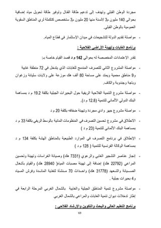 69
‫طاقة‬ ‫وتوفير‬ ‫القنال‬ ‫طاقة‬ ‫تدعيم‬ ‫إلى‬ ‫وتهدف‬ ‫القبلي‬ ‫الوطن‬ ‫مجردة‬‫إضافية‬ ‫مياه‬ ‫تحويل‬
‫بحوالي‬021‫م‬ ‫مليون‬3‫منها‬ ‫/السنة‬71‫م‬ ‫مليون‬3‫المن‬ ‫لري‬ ‫كتكملة‬ ‫ستخصص‬‫ا‬‫السقوية‬ ‫طق‬
.‫القبلي‬ ‫بالوطن‬ ‫العمومية‬
-.‫المياه‬ ‫قطاع‬ ‫في‬ ‫اإلستثمار‬ ‫ميدان‬ ‫في‬ ‫للتشجيعات‬ ‫الدولة‬ ‫تقديم‬ ‫مواصلة‬
: ‫الفالحية‬ ‫األراضي‬ ‫وتهيئة‬ ‫الغابات‬ ‫برنامج‬
‫بحو‬ ‫له‬ ‫المخصصة‬ ‫اإلعتمادات‬ ‫تقدر‬‫الي‬142‫د‬ ‫م‬:‫بـ‬ ‫خاصة‬ ‫القيام‬ ‫قصد‬
-‫في‬ ‫يتدخل‬ ‫الذي‬ ‫للغابات‬ ‫المندمج‬ ‫للتصرف‬ ‫الثاني‬ ‫المشروع‬ ‫مواصلة‬27‫غابية‬ ‫منطقة‬
‫و‬0‫مساحة‬ ‫على‬ ‫ويمتد‬ ‫محمية‬ ‫مناطق‬61‫وزغوان‬ ‫سليانة‬ ‫واليات‬ ‫على‬ ‫موزعة‬ ‫هك‬ ‫ألف‬
.‫والكاف‬ ‫وجندوبة‬ ‫وباجة‬
-‫مواصلة‬‫ا‬ ‫البحيرات‬ ‫حول‬ ‫الريفية‬ ‫الفالحية‬ ‫التنمية‬ ‫مشروع‬‫بكلفة‬ ‫لجبلية‬19.2‫بمساهمة‬ ‫د‬ ‫م‬
( ‫للتنمية‬ ‫األلماني‬ ‫الدولي‬ ‫البنك‬12.8.)‫د‬ ‫م‬
-‫بكلفة‬ ‫ضفافه‬ ‫وتهيئة‬ ‫مجردة‬ ‫وادي‬ ‫جهر‬ ‫مشروع‬ ‫مواصلة‬71‫د‬ ‫م‬
-‫االنطالق‬‫تحسين‬ ‫مشروع‬ ‫في‬‫التصرف‬‫المنظومات‬ ‫في‬‫بالوسط‬ ‫المائية‬‫الريفي‬‫بكلفة‬33‫د‬ ‫م‬
( ‫للتنمية‬ ‫األلماني‬ ‫البنك‬ ‫بمساهمة‬73) ‫د‬ ‫م‬
-‫اإلنطالق‬‫بكلفة‬ ‫الهشة‬ ‫بالمناطق‬ ‫الطبيعية‬ ‫الموارد‬ ‫في‬ ‫التصرف‬ ‫برنامج‬ ‫في‬032‫د‬ ‫م‬
( ‫للتنمية‬ ‫الفرنسية‬ ‫الوكالة‬ ‫بمساهمة‬076) ‫د‬ ‫م‬
-( ‫والرعوي‬ ‫الغابي‬ ‫التشجير‬ ‫عناصر‬ ‫إنجاز‬2330‫وتحسين‬ ‫وتهيئة‬ ‫الغراسات‬ ‫وصيانة‬ )‫هك‬
( ‫المراعي‬77207‫ته‬ ‫إلى‬ ‫إضافة‬ )‫هك‬‫ي‬(‫المياه‬ ‫مصبات‬ ‫ئة‬76021‫بأش‬ ‫والقيام‬ )‫هك‬‫غال‬
( ‫والتــعهد‬ ‫الصـــيانة‬30226‫واحــداث‬ )‫هك‬21‫المــياه‬ ‫وفرش‬ ‫المائــدة‬ ‫لتغذية‬ ‫مــنشآة‬
‫و‬2. ‫جبلية‬ ‫بحيرات‬
-‫في‬ ‫الرابعة‬ ‫المرحلة‬ ‫الغربي‬ ‫بالشمال‬ ‫والغابية‬ ‫الجبلية‬ ‫المناطق‬ ‫تنمية‬ ‫مشروع‬ ‫مواصلة‬
‫الغربي‬ ‫بالشمال‬ ‫والمراعي‬ ‫الغابات‬ ‫تنمية‬ ‫ديوان‬ ‫تدخالت‬ ‫إطار‬
‫التعليم‬ ‫برنامج‬: ‫الفالحي‬ ‫واإلرشاد‬ ‫والتكوين‬ ‫والبحث‬ ‫العالي‬
 