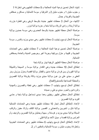 72
-‫المعال‬ ‫المياه‬ ‫نوعية‬ ‫تحسين‬ ‫أشغال‬ ‫إنتهاء‬‫جة‬‫بـ‬0‫التطهير‬ ‫محطات‬‫و‬‫شطرانة‬ ‫هي‬0
‫مليان‬ ‫جنوب‬ ‫و‬0‫مليان‬ ‫جنوب‬ ‫و‬7‫صفاقس‬ ‫و‬ ‫مساكن‬ ‫و‬ ‫الشمالية‬ ‫سوسة‬ ‫و‬ ‫الشرقية‬ ‫و‬
.‫جمال‬ ‫و‬ ‫والفرينة‬ ‫الجنوبية‬
-‫اإل‬‫نتهاء‬‫من‬‫أشغال‬3‫بنزرت‬ ‫قنطرة‬ ‫وهي‬ ‫الريفي‬ ‫بالوسط‬ ‫جديدة‬ ‫تطهير‬ ‫محطات‬
‫بوال‬ ‫حزوة‬ ‫و‬ ‫باجة‬ ‫بوالية‬ ‫الزرقاء‬ ‫وادي‬ ‫و‬ ‫أريانة‬ ‫بوالية‬.‫توزر‬ ‫ية‬
-‫بوالية‬ ‫حمدون‬ ‫سوسة‬ ‫وهي‬ ‫الحضري‬ ‫بالوسط‬ ‫جديدة‬ ‫تطهير‬ ‫محطة‬ ‫أشغال‬ ‫مواصلة‬
.‫سوسة‬
-‫ت‬ ‫أشغال‬ ‫مواصلة‬‫وسيع‬‫وتهذيب‬3‫سوسة‬ ‫و‬ ‫وقابس‬ ‫بوزيد‬ ‫سيدي‬ ‫وهي‬ ‫تطهير‬ ‫محطات‬
.‫الجنوبية‬
-‫بـ‬ ‫المعالجة‬ ‫المياه‬ ‫نوعية‬ ‫تحسين‬ ‫أشغال‬ ‫مواصلة‬2‫الحمامات‬ ‫وهي‬ ‫تطهير‬ ‫محطات‬
‫منزل‬ ‫و‬ ‫قليبية‬ ‫و‬ ‫الجنوبية‬‫وصفاقس‬ ‫والحامة‬ ‫المدينة‬ ‫وجرجيس‬ ‫أغير‬ ‫وجربة‬ ‫بورقيبة‬
.‫الشمالية‬
-‫باجة‬ ‫بوالية‬ ‫تيبار‬ ‫الريفية‬ ‫التطهير‬ ‫محطة‬ ‫أشغال‬ ‫مواصلة‬
-‫أشغال‬ ‫إنطالق‬01‫والشبيكة‬ ‫السبيخة‬ ‫و‬ ‫سوسة‬ ‫بوالية‬ ‫الكندار‬ ‫وهي‬ ‫جديدة‬ ‫محطات‬
‫و‬ ‫بوزيان‬ ‫ومنزل‬ ‫قفصة‬ ‫بوالية‬ ‫والقطار‬ ‫مدنين‬ ‫بوالية‬ ‫قردان‬ ‫وبن‬ ‫القيروان‬ ‫بوالية‬‫بئر‬
‫الحفي‬‫و‬‫القصرين‬ ‫بوالية‬ ‫وفريانة‬ ‫وتالة‬ ‫بوزيد‬ ‫سيدي‬ ‫بوالية‬ ‫عون‬ ‫بن‬ ‫علي‬ ‫سيدي‬
‫بالمنستير‬ ‫الصناعية‬ ‫والمحطة‬(‫الفجة‬.)
-‫وتهذيب‬ ‫توسيع‬ ‫أشغال‬ ‫إنطالق‬2‫والمهدية‬ ‫والقصرين‬ ‫نفطة‬ ‫وهي‬ ‫تطهير‬ ‫محطات‬
‫صيادة‬ ‫و‬ ‫بوعلي‬ ‫سيدي‬ ‫و‬ ‫والجم‬ ‫والوردانين‬
-‫س‬ ‫وهما‬ ‫ريفيتين‬ ‫تطهير‬ ‫محطتي‬ ‫أشغال‬ ‫إنطالق‬‫حاسي‬ ‫و‬ ‫باجة‬ ‫بوالية‬ ‫إسماعيل‬ ‫يدي‬
. ‫القصرين‬ ‫بوالية‬ ‫الفريد‬
-‫إنجاز‬ ‫أشغال‬ ‫إلنطالق‬ ‫اإلعداد‬01‫الشمالية‬ ‫الحمامات‬ ‫وهي‬ ‫جديدة‬ ‫تطهير‬ ‫محطات‬
‫والدهماني‬ ‫تاجروين‬ ‫و‬ ‫نابل‬ ‫بوالية‬‫و‬‫والرقاب‬ ‫حفوز‬ ‫وأوالد‬ ‫الكاف‬ ‫بوالية‬ ‫القصور‬
‫سبيبة‬ ‫و‬ ‫فوسانة‬ ‫و‬ ‫بوزيد‬ ‫سيدي‬ ‫بوالية‬ ‫السبالة‬‫و‬‫بوال‬ ‫جدليان‬‫والرديف‬ ‫القصرين‬ ‫ية‬‫و‬‫أم‬
. ‫قبلي‬ ‫بوالية‬ ‫األحد‬ ‫سوق‬ ‫و‬ ‫قفصة‬ ‫بوالية‬ ‫العرايس‬
-‫وتهذيب‬ ‫توسيع‬ ‫أشغال‬ ‫إلنطالق‬ ‫اإلعداد‬2‫الجنوبية‬ ‫الحمامات‬ ‫وهي‬ ‫تطهير‬ ‫محطات‬
‫والمكنين‬ ‫الشمالية‬ ‫سوسة‬ ‫و‬ ‫مليان‬ ‫وجنوب‬ ‫وشطرانة‬0‫و‬7.
 