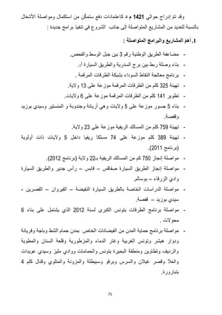 75
‫حوالي‬ ‫إدراج‬ ّ‫م‬‫ت‬ ‫وقد‬1421‫د‬ ‫م‬‫استك‬ ‫من‬ ‫ن‬ّ‫ك‬‫ستم‬ ‫دفع‬ ‫كاعتمادات‬‫م‬‫األشغال‬ ‫ومواصلة‬ ‫ال‬
‫المتواصلة‬ ‫المشاريع‬ ‫من‬ ‫للعديد‬ ‫بالنسبة‬‫برامج‬ ‫تنفيذ‬ ‫في‬ ‫الشروع‬ ‫جانب‬ ‫إلى‬: ‫جديدة‬
1.: ‫المتواصلة‬ ‫والبرامج‬ ‫المشاريع‬ ّ‫م‬‫أه‬
-‫رقم‬ ‫الوطنية‬ ‫الطريق‬ ‫مضاعفة‬3‫الوس‬ ‫جبل‬ ‫بين‬.‫والفحص‬ ‫ط‬
-‫أ‬ ‫السيارة‬ ‫والطريق‬ ‫السدرية‬ ‫برج‬ ‫بين‬ ‫ربط‬ ‫وصلة‬ ‫بناء‬0.
-‫الطرقات‬ ‫بشبكة‬ ‫السوداء‬ ‫النقاط‬ ‫معالجة‬ ‫برنامج‬‫المرقمة‬.
-‫تهيئة‬375‫على‬ ‫موزعة‬ ‫المرقمة‬ ‫الطرقات‬ ‫من‬ ‫كلم‬03.‫والية‬
-‫تطوير‬020‫على‬ ‫موزعة‬ ‫المرقمة‬ ‫الطرقات‬ ‫من‬ ‫كلم‬2.‫واليات‬
-‫بناء‬5‫جس‬‫ور‬‫على‬ ‫موزعة‬5‫واليات‬‫أر‬ ‫وهي‬‫بوزيد‬ ‫وسيدي‬ ‫المنستير‬ ‫و‬ ‫وجندوبة‬ ‫يانة‬
‫وقفصة‬.
-‫تهيئة‬250‫على‬ ‫موزعة‬ ‫الريفية‬ ‫المسالك‬ ‫من‬ ‫كلم‬73.‫والية‬
-‫تهيئة‬360‫على‬ ‫موزعة‬ ‫كلم‬22‫داخل‬ ‫ريفيا‬ ‫مسلكا‬5‫والي‬‫ات‬‫أولوية‬ ‫ذات‬
‫(برنامج‬7100.)
-‫إنجاز‬ ‫مواصلة‬251‫بـ‬ ‫الريفية‬ ‫المسالك‬ ‫من‬ ‫كم‬77‫(برنامج‬ ‫والية‬7107.)
-‫مواصلة‬‫إنج‬‫صفاقس‬ ‫السيارة‬ ‫الطريق‬ ‫از‬–‫قابس‬–‫السيارة‬ ‫والطريق‬ ‫جدير‬ ‫رأس‬
‫الزرقاء‬ ‫وادي‬–.‫بوسالم‬
-‫النفيضة‬ ‫السيارة‬ ‫بالطريق‬ ‫الخاصة‬ ‫الدراسات‬ ‫مواصلة‬–‫القيروان‬–‫القصرين‬-
‫بوزيد‬ ‫سيدي‬–.‫قفصة‬
-‫مواصلة‬‫لسنة‬ ‫الكبرى‬ ‫بتونس‬ ‫الطرقات‬ ‫برنامج‬7107‫الذي‬‫بناء‬ ‫على‬ ‫يشتمل‬2
‫محوالت‬.
-‫بر‬ ‫مواصلة‬‫الخاص‬ ‫الفيضانات‬ ‫من‬ ‫المدن‬ ‫حماية‬ ‫نامج‬‫وفريانة‬ ‫وباجة‬ ‫الشط‬ ‫حمام‬ ‫بمدن‬
‫والمطوية‬ ‫السنان‬ ‫وقلعة‬ ‫والمزطورية‬ ‫الدماء‬ ‫وغار‬ ‫الغربية‬ ‫وتونس‬ ‫هيشر‬ ‫ودوار‬
‫عويدات‬ ‫وسيدي‬ ‫مليز‬ ‫ووادي‬ ‫والحمامات‬ ‫بتونس‬ ‫البحيرة‬ ‫ومنطقة‬ ‫وتطاوين‬ ‫والرديف‬
‫و‬ ‫والمزونة‬ ‫وسبيطلة‬ ‫وبرقو‬ ‫والسرس‬ ‫غيالن‬ ‫وقصر‬ ‫والعال‬‫كلم‬ ‫وقنال‬ ‫المتلوي‬2
‫بتبارورة‬.
 