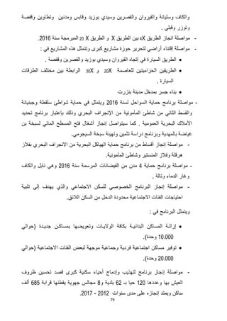 79
‫وقفصة‬ ‫وتطاوين‬ ‫ومدنين‬ ‫وقابس‬ ‫بوزيد‬ ‫وسيدي‬ ‫والقصرين‬ ‫والقيروان‬ ‫وسليانة‬ ‫والكاف‬
. ‫وقبلي‬ ‫وتوزر‬
-‫الطريق‬ ‫انجاز‬ ‫مواصلة‬X2‫الطريق‬ ‫بين‬X‫و‬‫الطريق‬X71‫المبرمجة‬‫سنة‬7102.
-: ‫في‬ ‫المشاريع‬ ‫هذه‬ ‫وتتمثل‬ ‫كبرى‬ ‫مشاريع‬ ‫حوزة‬ ‫لتحرير‬ ‫أراضي‬ ‫إقتناء‬ ‫مواصلة‬
. ‫وقفصة‬ ‫والقصرين‬ ‫بوزيد‬ ‫وسيدي‬ ‫القيروان‬ ‫إتجاه‬ ‫في‬ ‫السيارة‬ ‫الطريق‬
‫للعاصمة‬ ‫الحزاميتين‬ ‫الطريقين‬X71‫و‬X31‫الطرقات‬ ‫مختلف‬ ‫بين‬ ‫الرابطة‬
. ‫السيارة‬
‫بنزرت‬ ‫مدينة‬ ‫بمدخل‬ ‫جسر‬ ‫بناء‬
-‫مواصلة‬‫السواحل‬ ‫حماية‬ ‫برنامج‬‫لسنة‬7102‫و‬‫وجبنيانة‬ ‫سلقطة‬ ‫شواطئ‬ ‫حماية‬ ‫في‬ ‫يتمثل‬
‫تحديد‬ ‫برنامج‬ ‫بإعتبار‬ ‫وذلك‬ ‫البحري‬ ‫اإلنجراف‬ ‫من‬ ‫المأمونية‬ ‫شاطئ‬ ‫من‬ ‫الثاني‬ ‫والقسط‬
‫بن‬ ‫لسبخة‬ ‫المائي‬ ‫المسطح‬ ‫فتح‬ ‫أشغال‬ ‫إنجاز‬ ‫سيتواصل‬ ‫كما‬ . ‫العمومية‬ ‫البحرية‬ ‫األمالك‬
‫بالمهدية‬ ‫غياضة‬‫تثمي‬ ‫دراسة‬ ‫وبرنامج‬‫السيجومي‬ ‫سبخة‬ ‫وتهيئة‬ ‫ن‬.
-‫البحري‬ ‫االنجراف‬ ‫من‬ ‫البحرية‬ ‫الهياكل‬ ‫حماية‬ ‫برنامج‬ ‫من‬ ‫أقساط‬ ‫إنجاز‬ ‫مواصلة‬‫بفالز‬
‫المأمونية‬ ‫وشاطئ‬ ‫المنستير‬ ‫وفالز‬ ‫هرقلة‬.
-‫حماية‬ ‫برنامج‬ ‫مواصلة‬2‫الفيضانات‬ ‫من‬ ‫مدن‬‫سنة‬ ‫المرسمة‬7102‫و‬‫والكاف‬ ‫نابل‬ ‫هي‬
. ‫وتالة‬ ‫الدماء‬ ‫وغار‬
-‫ا‬ ‫البرنامج‬ ‫إنجاز‬ ‫مواصلة‬‫تلبية‬ ‫إلى‬ ‫يهدف‬ ‫والذي‬ ‫االجتماعي‬ ‫للسكن‬ ‫لخصوصي‬
.‫الالئق‬ ‫السكن‬ ‫من‬ ‫الدخل‬ ‫محدودة‬ ‫االجتماعية‬ ‫الفئات‬ ‫احتياجات‬
: ‫في‬ ‫البرنامج‬ ‫ويتمثل‬
‫(حوالي‬ ‫جديـدة‬ ‫بمساكـن‬ ‫وتعويضها‬ ‫الواليـات‬ ‫بكافة‬ ‫البدائيـة‬ ‫المساكن‬ ‫إزالـة‬
01.111.)‫وحدة‬
‫ال‬ ‫لبعض‬ ‫موجهة‬ ‫وجماعية‬ ‫فردية‬ ‫اجتماعية‬ ‫مساكن‬ ‫توفير‬‫(حوالي‬ ‫االجتماعية‬ ‫فئات‬
71.111.)‫وحدة‬
-‫ظروف‬ ‫تحسين‬ ‫قصد‬ ‫كبرى‬ ‫سكنية‬ ‫أحياء‬ ‫وإدماج‬ ‫لتهذيب‬ ‫برنامج‬ ‫إنجاز‬ ‫مواصلة‬
‫وعددها‬ ‫بها‬ ‫العيش‬071‫بـ‬ ‫حيا‬27‫و‬ ‫بلدية‬6‫قرابة‬ ‫يقطنها‬ ‫جهوية‬ ‫مجالس‬265‫ألف‬
‫و‬ ‫ساكن‬‫يمتد‬‫سنوات‬ ‫مدى‬ ‫على‬ ‫إنجازه‬7107-7102.
 