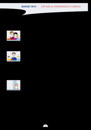 BUDGET 2014  cap sur la croissance et l’emploi
9
M. et Mme X. ont deux enfants et déclarent 27 700 € de salaires au titre de
leurs revenus de 2013.
Si le barème de l’impôt sur le revenu était resté gelé et que la décote n’avait
pas été revalorisée, ils auraient acquitté 100 € d’impôt sur le revenu.
Compte tenu de l’indexation du barème et de la majoration de 5 % de la
décote au-delà de l’inflation, ils ne paieront pas d’impôt sur le revenu en
2014.
M. Z, divorcé est père de trois enfants, dont l’un scolarisé à l’école primaire
et deux au collège.
Il déclare un salaire de 31 300 €. Son impôt s’élèvera à 80 € en 2014,
alors qu’en 2012 et 2013, il était non imposé car il bénéficiait de la
réduction d’impôt pour frais de scolarité. Son impôt augmente donc de
80 €.
En revanche, il percevra en 2014 au titre de l’allocation de rentrée scolaire,
du complément familial et de l’allocation de soutien familial, 6 629 € sur
l’année, alors qu’il n’avait bénéficié que de 6 033 € en 2011, soit un gain
de 596 € en 2 ans.
Mme K, propriétaire de sa résidence principale, vend en novembre 2013
un appartement pour un montant de 170 000 €, alors qu’elle l’avait acquis
pour un prix de 100 000 € en octobre 2003. Elle acquittera une imposition
totale (y compris prélèvements sociaux) de 14 449 € au lieu de 22 995 €
dans le cadre du régime applicable avant réforme, soit un gain de 8 546 €.
Si elle attend la fin 2014 pour vendre son bien, elle acquittera une
imposition totale de 19 265 €, soit un gain de 3 730 €.
 