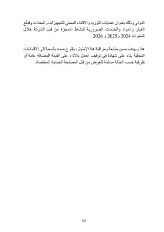 102
‫والمعدات‬ ‫للتجهيزات‬ ‫المحلي‬ ‫واالقتناء‬ ‫التوريد‬ ‫عمليات‬ ‫بعنوان‬ ‫وذلك‬ ‫الدولي‬
‫وقطع‬
‫الغيار‬
‫خالل‬ ‫الشركة‬ ‫قبل‬ ‫من‬ ‫المنجزة‬ ‫للنشاط‬ ‫الضرورية‬ ‫والخدمات‬ ‫والمواد‬
‫السنوات‬
2024
‫و‬
2025
‫و‬
2026
.
‫ومراقبة‬ ‫متابعة‬ ‫حسن‬ ‫وبهدف‬ ‫هذا‬
‫منحه‬ ‫يقترح‬ ،‫االمتياز‬ ‫هذا‬
‫االقتناءات‬ ‫إلى‬ ‫بالنسبة‬
‫المحلية‬
‫أو‬ ‫عامة‬ ‫المضافة‬ ‫القيمة‬ ‫على‬ ‫باألداء‬ ‫العمل‬ ‫توقيف‬ ‫في‬ ‫شهادة‬ ‫على‬ ‫بناء‬
‫المختصة‬ ‫الجبائية‬ ‫المصلحة‬ ‫قبل‬ ‫من‬ ‫للغرض‬ ‫مسلمة‬ ‫الحالة‬ ‫حسب‬ ‫ظرفية‬
.
 