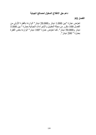139
‫الجباية‬ ‫لمصالح‬ ‫ل‬ّ‫المخو‬ ‫االطالع‬ ‫حق‬ ‫دعم‬
‫الفصل‬
41
:
ّ‫تعو‬
‫"بين‬ ‫عبارة‬ ‫ض‬
1.000
‫و‬ ‫دينار‬
20.000
‫من‬ ‫األولى‬ ‫بالفقرة‬ ‫الواردة‬ "‫دينار‬
‫الفصل‬
100
‫بين‬ " ‫بعبارة‬ ‫الجبائية‬ ‫واإلجراءات‬ ‫الحقوق‬ ‫مجلة‬ ‫من‬ ‫مكرر‬
5.000
‫و‬ ‫دينار‬
50.000
"‫دينار‬
.
ّ‫تعو‬ ‫كما‬
" ‫عبارة‬ ‫ض‬
100
‫الفقرة‬ ‫بنفس‬ ‫الواردة‬ "‫دينار‬
‫بعبارة‬
"
200
."‫دينار‬
 