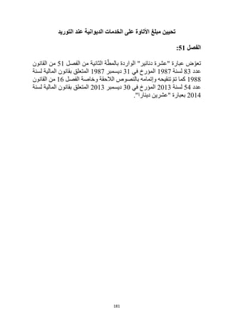 181
‫التوريد‬ ‫عند‬ ‫الديوانية‬ ‫الخدمات‬ ‫على‬ ‫األتاوة‬ ‫مبلغ‬ ‫تحيين‬
‫الفصل‬
51
:
"‫دنانير‬ ‫"عشرة‬ ‫عبارة‬ ‫ض‬ ّ‫تعو‬
‫الفصل‬ ‫من‬ ‫الثانية‬ ‫ة‬ّ‫بالمط‬ ‫الواردة‬
51
‫القانون‬ ‫من‬
‫عدد‬
83
‫لسنة‬
1987
‫في‬ ‫المؤرخ‬
31
‫ديسمبر‬
1987
‫لسنة‬ ‫المالية‬ ‫بقانون‬ ‫المتعلق‬
1988
‫الفصل‬ ‫وخاصة‬ ‫الالحقة‬ ‫بالنصوص‬ ‫وإتمامه‬ ‫تنقيحه‬ ّ‫م‬‫ت‬ ‫كما‬
16
‫القانون‬ ‫من‬
‫عدد‬
54
‫لسنة‬
2013
‫في‬ ‫المؤرخ‬
30
‫ديسمبر‬
2013
‫لسنة‬ ‫المالية‬ ‫بقانون‬ ‫المتعلق‬
2014
."‫دينارا‬ ‫"عشرين‬ ‫بعبارة‬
 