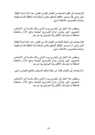 195
9
)
‫الفصل‬ ‫من‬ ‫السابعة‬ ‫الفقرة‬ ‫إلى‬ ‫يضاف‬
68
‫عدد‬ ‫القانون‬ ‫من‬
123
‫لسنة‬
2001
‫في‬ ‫المؤرخ‬
28
‫ديسمبر‬
2001
‫لسنة‬ ‫المالية‬ ‫بقانون‬ ‫المتعلق‬
2002
‫تنقيحه‬ ‫تم‬ ‫كما‬
:‫يلي‬ ‫ما‬ ‫الالحقة‬ ‫بالنصوص‬ ‫وإتمامه‬
‫األشخاص‬ ‫إلى‬ ‫بالنسبة‬ ‫وذلك‬ ‫األولى‬ ‫يوما‬ ‫العشرين‬ ‫إلى‬ ‫األجل‬ ‫هذا‬ ‫ض‬ّ‫ف‬‫ويخ‬
‫المعنويين‬
‫الذين‬
‫والخطايا‬ ‫األداء‬ ‫ودفع‬ ‫الجبائية‬ ‫التصاريح‬ ‫إيداع‬ ‫ون‬ّ‫يتول‬
‫ب‬ ‫قة‬ّ‫المتعل‬
‫بعد‬ ‫عن‬ ‫بها‬ ‫الموثوق‬ ‫االلكترونية‬ ‫بالوسائل‬ ‫ه‬
.
10
)
‫الفصل‬ ‫من‬ ‫الثانية‬ ‫المطة‬ ‫إلى‬ ‫يضاف‬
39
‫عدد‬ ‫القانون‬ ‫من‬
101
‫لسنة‬
2002
‫في‬ ‫المؤرخ‬
17
‫ديسمبر‬
2002
‫لسنة‬ ‫المالية‬ ‫بقانون‬ ‫المتعلق‬
2003
‫تنقيحه‬ ‫تم‬ ‫كما‬
:‫يلي‬ ‫ما‬ ‫الالحقة‬ ‫بالنصوص‬ ‫وإتمامه‬
‫األول‬ ‫يوما‬ ‫العشرين‬ ‫إلى‬ ‫األجل‬ ‫هذا‬ ‫ض‬ّ‫ف‬‫ويخ‬
‫األشخاص‬ ‫إلى‬ ‫بالنسبة‬ ‫وذلك‬ ‫ى‬
‫المعنويين‬
‫الذين‬
‫والخطايا‬ ‫األداء‬ ‫ودفع‬ ‫الجبائية‬ ‫التصاريح‬ ‫إيداع‬ ‫ون‬ّ‫يتول‬
‫بعد‬ ‫عن‬ ‫بها‬ ‫الموثوق‬ ‫االلكترونية‬ ‫بالوسائل‬ ‫به‬ ‫قة‬ّ‫المتعل‬
.
11
)
‫الفصل‬ ‫إلى‬ ‫يضاف‬
148
:‫يلي‬ ‫ما‬ ‫الجبائي‬ ‫والطابع‬ ‫التسجيل‬ ‫معاليم‬ ‫مجلة‬ ‫من‬
‫يوما‬ ‫العشرين‬ ‫إلى‬ ‫األجل‬ ‫هذا‬ ‫ض‬ّ‫ف‬‫ويخ‬
‫األشخاص‬ ‫إلى‬ ‫بالنسبة‬ ‫وذلك‬ ‫األولى‬
‫المعنويين‬
‫الذين‬
‫والخطايا‬ ‫األداء‬ ‫ودفع‬ ‫الجبائية‬ ‫التصاريح‬ ‫إيداع‬ ‫ون‬ّ‫يتول‬
‫بعد‬ ‫عن‬ ‫بها‬ ‫الموثوق‬ ‫االلكترونية‬ ‫بالوسائل‬ ‫به‬ ‫قة‬ّ‫المتعل‬
.
 