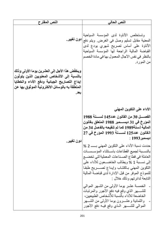 201
‫الحالي‬ ‫النص‬
‫المقترح‬ ‫النص‬
‫السياحية‬ ‫المؤسسة‬ ‫لدى‬ ‫األتاوة‬ ‫وتستخلص‬
‫في‬ ‫وصل‬ ‫تسليم‬ ‫مقابل‬ ‫المعنية‬
‫ا‬
‫دفع‬ ‫ويتم‬ .‫لغرض‬
‫لدى‬ ‫يودع‬ ‫شهري‬ ‫تصريح‬ ‫أساس‬ ‫على‬ ‫األتاوة‬
‫السياحية‬ ‫المؤسسة‬ ‫لها‬ ‫الراجعة‬ ‫المالية‬ ‫القباضة‬
‫الخصم‬ ‫مادة‬ ‫في‬ ‫بها‬ ‫المعمول‬ ‫اآلجال‬ ‫نفس‬ ‫في‬ ‫بالنظر‬
‫المورد‬ ‫من‬
.
‫المهني‬ ‫التكوين‬ ‫على‬ ‫األداء‬
‫الفصةةةةةةل‬
30
‫عدد‬ ‫القانون‬ ‫من‬
145
‫لسةةةةةةنة‬
1988
‫في‬ ‫المؤرخ‬
31
‫ديسةةةةةةمبر‬
1988
‫بقانون‬ ‫المتعلق‬
‫سنة‬‫ل‬ ‫المالية‬
1989
‫صل‬‫بالف‬ ‫تنقيحه‬ ‫تم‬ ‫كما‬
34
‫من‬
‫عدد‬ ‫قانون‬‫ال‬
125
‫نة‬‫لسةةةةةة‬
1993
‫في‬ ‫المؤرخ‬
27
‫ديسمبر‬
1993
:
‫بـ‬ ‫المهني‬ ‫التكوين‬ ‫على‬ ‫األداء‬ ‫نسبة‬ ‫حددت‬
2
%
‫ات‬ ‫س‬ ‫المؤس‬ ‫تثناء‬ ‫باس‬ ‫القطاعات‬ ‫لجميع‬ ‫بة‬ ‫بالنس‬
‫المعملية‬ ‫ناعات‬ ‫الص‬ ‫قطاع‬ ‫في‬ ‫العاملة‬
‫ع‬ ‫تخض‬ ‫لتي‬
‫بة‬ ‫نس‬ ‫إلى‬
1
%
‫على‬ ‫لألداء‬ ‫عون‬ ‫الخاض‬ ‫ويطالب‬
‫ا‬ ‫طبق‬ ‫ريح‬ ‫تص‬ ‫داع‬ ‫وإي‬ ‫اب‬ ‫اكتت‬ ‫ب‬ ‫المهني‬ ‫التكوين‬
‫المالية‬ ‫ة‬ ‫قباض‬ ‫لدى‬ ‫اإلدارة‬ ‫قبل‬ ‫من‬ ‫الموفر‬ ‫للنموذج‬
: ‫خالل‬ ‫وذلك‬ ‫لدائرتهم‬ ‫التابعة‬
-
‫الموالي‬ ‫هر‬ ‫الش‬ ‫من‬ ‫األولى‬ ‫يوما‬ ‫ر‬ ‫عش‬ ‫ة‬ ‫الخمس‬
‫والمرتبات‬ ‫األجور‬ ‫دفع‬ ‫فيه‬ ‫وقع‬ ‫الذي‬ ‫هر‬ ‫للش‬
‫لألشخاص‬ ‫بالنسبة‬ ‫لألداء‬ ‫الخاضعة‬
،‫الطبيعيين‬
-
‫هر‬ ‫الش‬ ‫من‬ ‫األولى‬ ‫يوما‬ ‫رون‬ ‫وعش‬ ‫والثمانية‬
‫األجور‬ ‫دفع‬ ‫ه‬ ‫في‬ ‫وقع‬ ‫ذي‬ ‫ال‬ ‫هر‬ ‫للش‬ ‫الموالي‬
.‫تغيير‬ ‫دون‬
‫وذلك‬ ‫األولى‬ ‫يوما‬ ‫العشرين‬ ‫إلى‬ ‫األجل‬ ‫هذا‬ ‫ض‬ّ‫ف‬‫ويخ‬
‫األشخاص‬ ‫إلى‬ ‫بالنسبة‬
‫المعنويين‬
‫ون‬ّ‫ل‬‫يتو‬ ‫الذين‬
‫والخطايا‬ ‫األداء‬ ‫ودفع‬ ‫الجبائية‬ ‫التصاريح‬ ‫إيداع‬
‫عن‬ ‫بها‬ ‫الموثوق‬ ‫االلكترونية‬ ‫بالوسائل‬ ‫به‬ ‫قة‬ّ‫ل‬‫المتع‬
.‫بعد‬
.‫تغيير‬ ‫دون‬
 