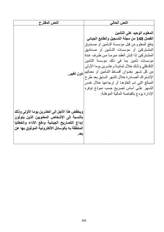 204
‫الحالي‬ ‫النص‬
‫المقترح‬ ‫النص‬
‫ال‬
‫التأمين‬ ‫على‬ ‫الوحيد‬ ‫معلوم‬
‫الفصل‬
148
‫الجبائي‬ ‫والطابع‬ ‫التسجيل‬ ‫مجلة‬ ‫من‬
‫من‬ ‫المعلوم‬ ‫يدفع‬
‫ق‬
‫بل‬
‫مؤ‬
‫صـندوق‬ ‫أو‬ ‫التـأمين‬ ‫سسـة‬
‫أو‬ ‫المشـتركين‬
‫مؤسسات‬
‫صـناديق‬ ‫أو‬ ‫التـأمين‬
‫طـر‬ ‫مـن‬ ‫مبرمـا‬ ‫العقـد‬ ‫كـان‬ ‫إذا‬ ‫المشـتركين‬
‫ف‬
‫عـدة‬
‫مؤسسات‬
‫ذلك‬ ‫في‬ ‫بما‬ ‫تأمين‬
‫مؤسسة‬
‫التأمين‬
‫وذلـك‬ ‫التكـافلي‬
‫خال‬
‫ل‬
‫ث‬
‫يوما‬ ‫وعشـرين‬ ‫مانيـة‬
‫األولى‬
‫من‬
‫أ‬ ‫بعنـوان‬ ‫شـهر‬ ‫كل‬
‫ق‬
‫معـاليم‬ ‫أو‬ ‫التـأمين‬ ‫سـاط‬
‫اإل‬
‫الصـادرة‬ ‫شـتراك‬
‫خالل‬
‫طر‬ ‫بعد‬ ‫السابق‬ ‫الشهر‬
‫ح‬
‫المبال‬
‫غ‬
‫إل‬ ‫تـم‬ ‫التي‬
‫غ‬
‫ا‬
‫ؤ‬
‫إر‬ ‫أو‬ ‫هـا‬
‫جاعها‬
‫خالل‬
‫نفـس‬
‫أسا‬ ‫علـى‬ ‫الشـهر‬
‫س‬
‫تصريح‬
‫ح‬
‫توفرس‬ ‫نموذج‬ ‫سب‬
‫اإلدارة‬
‫يو‬
‫دع‬
‫الم‬ ‫المالية‬ ‫بالقباضة‬
‫ؤ‬
‫هلـة‬
.
.‫تغيير‬ ‫دون‬
‫وذلك‬ ‫األولى‬ ‫يوما‬ ‫العشرين‬ ‫إلى‬ ‫األجل‬ ‫هذا‬ ‫ض‬ّ‫ف‬‫ويخ‬
‫األشخاص‬ ‫إلى‬ ‫بالنسبة‬
‫المعنويين‬
‫ون‬ّ‫ل‬‫يتو‬ ‫الذين‬
‫والخطايا‬ ‫األداء‬ ‫ودفع‬ ‫الجبائية‬ ‫التصاريح‬ ‫إيداع‬
‫عن‬ ‫بها‬ ‫الموثوق‬ ‫االلكترونية‬ ‫بالوسائل‬ ‫به‬ ‫قة‬ّ‫ل‬‫المتع‬
.‫بعد‬
 