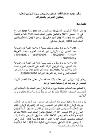 30
‫موارد‬ ‫توفير‬
‫لفائدة‬ ‫إضافية‬
‫المعلب‬ ‫الزيتون‬ ‫بزيت‬ ‫النهوض‬ ‫صندوق‬
‫و‬
‫النهوض‬ ‫صندوق‬
‫بالصادرات‬
‫الفصل‬
14
:
1
)
‫تلغى‬
‫من‬ ‫األولى‬ ‫المطة‬
‫الفصل‬
38
‫عدد‬ ‫القانون‬ ‫من‬
106
‫لسنة‬
2005
‫المؤرخ‬
‫في‬
19
‫ديسمبر‬
2005
‫لسنة‬ ‫المالية‬ ‫بقانون‬ ‫والمتعلق‬
2006
‫تنقيحه‬ ‫تم‬ ‫كما‬
‫عدد‬ ‫بالقانون‬
66
‫لسنة‬
2017
‫في‬ ‫المؤرخ‬
18
‫ديسمبر‬
2017
‫بقانون‬ ‫والمتعلق‬
‫لسنة‬ ‫المالية‬
2018
‫بما‬ ‫وتعوض‬
‫يلي‬
:
-
%50
‫يوظف‬ ‫معلوم‬ ‫مردود‬ ‫من‬
‫بنسبة‬
2
%
‫من‬
‫الديوانة‬ ‫لدى‬ ‫القيمة‬
‫المعلب‬ ‫غير‬ ‫الزيتون‬ ‫زيت‬ ‫تصدير‬ ‫عند‬
‫بأ‬ ‫المدرج‬
‫عداد‬
‫التعريفة‬
‫الديوانية‬
150920009
‫و‬
150930009
‫و‬
150940009
‫و‬
150990008
.
-
50
%
‫مردود‬ ‫من‬
‫معلوم‬
‫يوظف‬
‫بنسبة‬
4
%
‫على‬
‫الديوانة‬ ‫لدى‬ ‫القيمة‬
‫عند‬
‫الخام‬ ‫الوقاد‬ ‫الزيتون‬ ‫زيت‬ ‫تصدير‬
‫المعلب‬ ‫غير‬
‫تحت‬ ‫المدرج‬
‫الديوانية‬ ‫التعريفة‬
‫م‬
150940
‫الخام‬ ‫الزيتون‬ )‫(فيتورة‬ ‫ثفل‬ ‫وزيت‬
‫غير‬
‫المعلب‬
‫الديوانية‬ ‫التعريفة‬ ‫رقم‬ ‫تحت‬ ‫المدرج‬
15101000000
.
‫معلب‬ ‫غير‬ ‫زيتون‬ ‫زيت‬ ‫ويعتبر‬
‫أصنافه‬ ‫بكل‬
‫الزيت‬ ‫الفصل‬ ‫هذا‬ ‫معنى‬ ‫على‬
‫سعتها‬ ‫تفوق‬ ‫حاويات‬ ‫في‬ ‫المصدر‬
‫لترا‬ ‫خمسة‬
‫ت‬
.
‫إلى‬ ‫أصنافها‬ ‫بكل‬ ‫المعلبة‬ ‫غير‬ ‫الزيتون‬ ‫زيوت‬ ‫بيع‬ ‫عمليات‬ ‫المعاليم‬ ‫لهذه‬ ‫تخضع‬ ‫وال‬
‫المصدرة‬ ‫المؤسسات‬
‫ل‬ ‫طبقا‬ ‫الناشطة‬
‫شروط‬ ‫كراس‬
‫ل‬
‫نشاط‬ ‫ممارسة‬
‫زيوت‬ ‫تعليب‬
.‫الزيتون‬
2
)
‫نسبة‬ ‫ترصد‬
50
%
‫المعلب‬ ‫غير‬ ‫الزيتون‬ ‫زيت‬ ‫تصدير‬ ‫على‬ ‫المعاليم‬ ‫مردود‬ ‫من‬
‫الخام‬ ‫الوقاد‬ ‫الزيتون‬ ‫وزيت‬
‫المعلب‬ ‫غير‬
‫الخام‬ ‫الزيتون‬ )‫(فيتورة‬ ‫ثفل‬ ‫وزيت‬
‫المعلب‬ ‫غير‬
‫عليه‬ ‫المنصوص‬
‫ا‬
‫بالفصل‬
38
‫عدد‬ ‫القانون‬ ‫من‬
106
‫لسنة‬
2005
‫في‬ ‫المؤرخ‬
19
‫ديسمبر‬
2005
‫لسنة‬ ‫المالية‬ ‫بقانون‬ ‫والمتعلق‬
2006
‫تم‬ ‫كما‬
‫تنقيحه‬
‫الالحقة‬ ‫بالنصوص‬ ‫وإتمامه‬
‫النهوض‬ ‫صندوق‬ ‫لفائدة‬
‫بالصادرات‬
‫بمقتضى‬ ‫المحدث‬
‫الفصل‬
85
‫القانون‬ ‫من‬
‫عدد‬
84
‫لسنة‬
1984
‫في‬ ‫المؤرخ‬
31
‫ديسمبر‬
1984
‫المتعلق‬
‫بضبط‬
‫لسنة‬ ‫المالية‬ ‫قانون‬
1985
‫تنقيحه‬ ‫تم‬ ‫كما‬
‫الالحقة‬ ‫بالنصوص‬ ‫وإتمامه‬
.
 