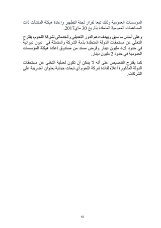 45
‫العمومية‬ ‫المؤسسات‬
‫وذلك‬
‫لجنة‬ ‫لقرار‬ ‫تبعا‬
‫ذات‬ ‫المنشآت‬ ‫هيكلة‬ ‫وإعادة‬ ‫التطهير‬
‫بتاريخ‬ ‫المنعقدة‬ ‫العمومية‬ ‫المساهمات‬
30
‫ماي‬
2017
.
‫وبهدف‬ ‫سبق‬ ‫ما‬ ‫أساس‬ ‫وعلى‬
‫الدور‬ ‫دعم‬
‫والخدماتي‬ ‫التعديلي‬
‫ل‬
‫يقترح‬ ،‫اللحوم‬ ‫شركة‬
‫التخلي‬
‫بذمة‬ ‫المتخلدة‬ ‫الدولة‬ ‫مستحقات‬ ‫عن‬
‫ال‬
‫في‬ ‫والمتمثلة‬ ‫شركة‬
‫ديوانية‬ ‫ديون‬
‫حدود‬ ‫في‬
4.5
‫دينار‬ ‫مليون‬
‫و‬
‫مسند‬ ‫قرض‬
‫المؤسسات‬ ‫هيكلة‬ ‫إعادة‬ ‫صندوق‬ ‫من‬
‫العمومية‬
‫حدود‬ ‫في‬
2
.‫دينار‬ ‫مليون‬
‫أنه‬ ‫على‬ ‫التنصيص‬ ‫يقترح‬ ‫كما‬
‫لعملية‬ ‫تكون‬ ‫أن‬ ‫يمكن‬ ‫ال‬
‫التخلي‬
‫مستحقات‬ ‫عن‬
‫الدولة‬
‫الم‬
‫أعاله‬ ‫ذكورة‬
‫اللحوم‬ ‫شركة‬ ‫لفائدة‬
‫على‬ ‫الضريبة‬ ‫بعنوان‬ ‫جبائية‬ ‫تبعات‬ ‫أي‬
‫الشركات‬
.
 