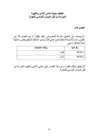 46
‫والقهوة‬ ‫الشاي‬ ‫مادتي‬ ‫جباية‬ ‫تخفيف‬
‫للتجارة‬ ‫التونسي‬ ‫الديوان‬ ‫قبل‬ ‫من‬ ‫دة‬ّ‫المور‬
‫الفصل‬
19
:
1
)
‫عدد‬ ‫الملحق‬ ‫إلى‬ ‫يضاف‬
4
‫عليه‬ ‫المنصوص‬
‫بالفقرة‬
1
‫الفصل‬ ‫من‬
75
‫من‬
‫عدد‬ ‫القانون‬
53
‫لسنة‬
2015
‫في‬ ‫خ‬ّ‫المؤر‬
25
‫ديسمبر‬
2015
‫المالية‬ ‫بقانون‬ ‫المتعلق‬
‫لسنة‬
2016
:‫يلي‬ ‫ما‬
‫البند‬ ‫رقم‬
‫المنتجات‬ ‫بيانات‬
‫م‬
09.01
‫قهوة‬
‫م‬
09.02
‫شاي‬
2
‫الفقرة‬ ‫أحكام‬ ‫تطبق‬ )
1
‫من‬ ‫الموردة‬ ‫والقهوة‬ ‫الشاي‬ ‫مادتي‬ ‫على‬ ‫الفصل‬ ‫هذا‬ ‫من‬
‫الديوان‬ ‫قبل‬
.‫للتجارة‬ ‫التونسي‬
 