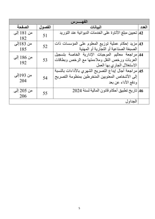 5
‫الفهـــــرس‬
‫العدد‬
‫البيانات‬
‫الفصول‬
‫الصفحة‬
42
.
‫التوريد‬ ‫عند‬ ‫الديوانية‬ ‫الخدمات‬ ‫على‬ ‫األتاوة‬ ‫مبلغ‬ ‫تحيين‬
51
‫من‬
181
‫إلى‬
182
43
.
‫المؤسسات‬ ‫على‬ ‫المعلوم‬ ‫توزيع‬ ‫عملية‬ ‫إحكام‬ ‫مزيد‬
‫ذات‬
‫المهنية‬ ‫أو‬ ‫التجارية‬ ‫أو‬ ‫الصناعية‬ ‫الصبغة‬
52
‫من‬
183
‫إلى‬
185
44
.
‫مراجعة‬
‫اإلدارية‬ ‫الموجبات‬ ‫معاليم‬
‫بتسجيل‬ ‫الخاصة‬
‫النقل‬ ‫ورخص‬ ‫العربات‬
‫ومالءمتها‬
‫وبطاقات‬ ‫الرخص‬ ‫مع‬
‫العمل‬ ‫بها‬ ‫الجاري‬ ‫االستغالل‬
53
‫من‬
186
‫إلى‬
192
45
.
‫مراجعة‬
‫التصريح‬ ‫إيداع‬ ‫آجال‬
‫باألداءات‬ ‫الشهري‬
‫بالنسبة‬
‫ا‬ ‫إلى‬
‫التصريح‬ ‫بمنظومة‬ ‫المنخرطين‬ ‫المعنويين‬ ‫ألشخاص‬
‫بعد‬ ‫عن‬ ‫األداء‬ ‫ودفع‬
54
‫من‬
193
‫إلى‬
204
46
.
‫لسنة‬ ‫المالية‬ ‫قانون‬ ‫أحكام‬ ‫تطبيق‬ ‫تاريخ‬
2024
55
‫من‬
205
‫إلى‬
206
‫الجداول‬
 