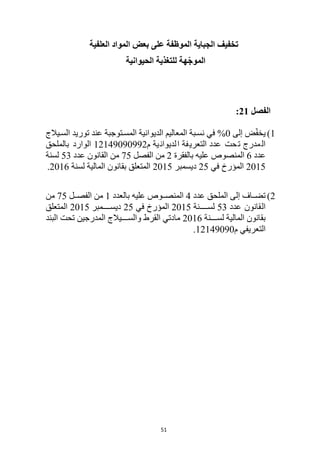 51
‫تخفيف‬
‫العلفية‬ ‫المواد‬ ‫بعض‬ ‫على‬ ‫الموظفة‬ ‫الجباية‬
‫ه‬ّ‫ج‬‫المو‬
‫ة‬
‫الحيوانية‬ ‫للتغذية‬
‫الفصل‬
21
:
1
)
ّ‫ف‬‫يخ‬
‫إلى‬ ‫ض‬
0
%
‫ا‬‫ا‬‫الس‬ ‫توريد‬ ‫عند‬ ‫اتوجبة‬‫ا‬‫المس‬ ‫الديوانية‬ ‫المعاليم‬ ‫ابة‬‫ا‬‫نس‬ ‫في‬
‫ي‬
‫الج‬
‫ية‬‫لديوان‬‫ا‬ ‫فة‬‫التعري‬ ‫عدد‬ ‫حت‬‫ت‬ ‫مدرج‬‫ال‬
‫م‬
12149090992
‫بالملحق‬ ‫الوارد‬
‫عدد‬
6
‫بالفقرة‬ ‫عليه‬ ‫المنصوص‬
2
‫الفصل‬ ‫من‬
75
‫عدد‬ ‫القانون‬ ‫من‬
53
‫لسنة‬
2015
‫في‬ ‫المؤرخ‬
25
‫ديسمبر‬
2015
‫لسنة‬ ‫المالية‬ ‫بقانون‬ ‫المتعلق‬
2016
.
2
)
‫عدد‬ ‫الملحق‬ ‫إلى‬ ‫اااف‬‫ا‬‫تض‬
4
‫بالعدد‬ ‫عليه‬ ‫ااوص‬‫ا‬‫المنص‬
1
‫اال‬‫ا‬‫الفص‬ ‫من‬
75
‫من‬
‫عدد‬ ‫القانون‬
53
‫لساااااانة‬
2015
‫في‬ ‫المؤرخ‬
25
‫ديساااااامبر‬
2015
‫المتعلق‬
‫ااااانة‬‫ا‬‫لس‬ ‫المالية‬ ‫بقانون‬
2016
‫البند‬ ‫تحت‬ ‫المدرجين‬ ‫ااااايالج‬‫ا‬‫والس‬ ‫القرط‬ ‫مادتي‬
‫م‬ ‫التعريفي‬
12149090
.
 