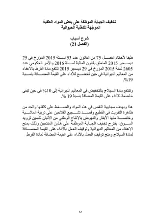 52
‫العلفية‬ ‫المواد‬ ‫بعض‬ ‫على‬ ‫الموظفة‬ ‫الجباية‬ ‫تخفيف‬
‫ه‬ّ‫ج‬‫المو‬
‫ة‬
‫الحيوانية‬ ‫للتغذية‬
‫أسباب‬ ‫شرح‬
(
‫الفصل‬
21
)
‫طب‬
‫اااال‬‫ا‬‫الفص‬ ‫ألحكام‬ ‫قا‬
75
‫عدد‬ ‫القانون‬ ‫من‬
53
‫اااانة‬‫ا‬‫لس‬
2015
‫في‬ ‫المؤرخ‬
25
‫ااااامبر‬‫ا‬‫ديس‬
2015
‫ااااانة‬‫ا‬‫لس‬ ‫المالية‬ ‫بقانون‬ ‫المتعلق‬
2016
‫عدد‬ ‫الحكومي‬ ‫واألمر‬
2605
‫لسنة‬
2015
‫في‬ ‫المؤرخ‬
29
‫ديسمبر‬
2015
‫القرط‬ ‫مادة‬ ‫تنتفع‬
‫ب‬
‫االعفاء‬
‫من‬
‫اااااافة‬‫ا‬‫المض‬ ‫القيمة‬ ‫على‬ ‫لألداء‬ ‫اااااع‬‫ا‬‫تخض‬ ‫حين‬ ‫في‬ ‫الديوانية‬ ‫المعاليم‬
‫ب‬
‫ااااابة‬‫ا‬‫نس‬
19
%
.
‫الس‬ ‫مادة‬ ‫وتنتفع‬
‫ي‬
‫إلى‬ ‫الديوانية‬ ‫المعاليم‬ ‫في‬ ‫بالتخفيض‬ ‫الج‬
10
%
‫تبقى‬ ‫حين‬ ‫في‬
‫المضافة‬ ‫القيمة‬ ‫على‬ ‫لألداء‬ ‫خاضعة‬
‫ب‬
‫نسبة‬
19
%
.
‫هذا‬
‫من‬ ‫والحد‬ ‫كلفتها‬ ‫على‬ ‫والضااااااغط‬ ‫المواد‬ ‫هذه‬ ‫في‬ ‫النقص‬ ‫مجابهة‬ ‫وبهدف‬
‫ظاهرة‬
‫تربية‬ ‫على‬ ‫الفالحين‬ ‫تشااااااجيع‬ ‫وقصااااااد‬ ‫القطيع‬ ‫في‬ ‫التفويت‬
‫الماشااااااية‬
‫منها‬ ‫ااااااة‬‫ا‬‫وخاص‬
‫تزويد‬ ‫لتأمين‬ ‫األلبان‬ ‫من‬ ‫الوطني‬ ‫باإلنتاج‬ ‫والنهوض‬ ‫األبقار‬
‫يقترح‬ ،‫السااااااوق‬
‫على‬ ‫اة‬‫ا‬‫الموظف‬ ‫اة‬‫ا‬‫ااي‬‫ا‬‫الجب‬ ‫تخفيف‬
‫المنت‬ ‫اذين‬‫ا‬‫ه‬
‫اك‬‫ا‬‫وذل‬ ‫جين‬
‫بمنح‬
‫اإلع‬
‫من‬ ‫فاء‬
‫و‬ ‫الديوانية‬ ‫المعاليم‬
‫العمل‬ ‫توقيف‬
‫القي‬ ‫على‬ ‫باألداء‬
‫ااااااافة‬‫ا‬‫المض‬ ‫مة‬
‫ل‬
‫الس‬ ‫مادة‬
‫ي‬
‫و‬ ‫الج‬
‫منح‬
‫المضافة‬ ‫القيمة‬ ‫على‬ ‫باألداء‬ ‫العمل‬ ‫توقيف‬
‫ل‬
.‫القرط‬ ‫مادة‬
 