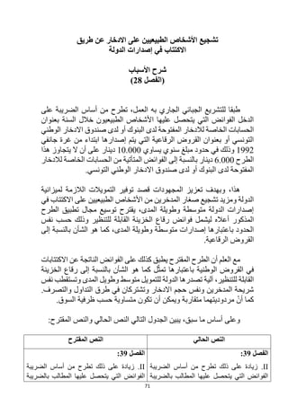 71
‫طريق‬ ‫عن‬ ‫االدخار‬ ‫على‬ ‫الطبيعيين‬ ‫األشخاص‬ ‫تشجيع‬
‫الدولة‬ ‫إصدارات‬ ‫في‬ ‫االكتتاب‬
‫األسباب‬ ‫شرح‬
‫(الفصل‬
28
)
‫على‬ ‫الضريبة‬ ‫أساس‬ ‫من‬ ‫تطرح‬ ،‫العمل‬ ‫به‬ ‫الجاري‬ ‫الجبائي‬ ‫للتشريع‬ ‫طبقا‬
‫بعنوان‬ ‫السنة‬ ‫خالل‬ ‫الطبيعيون‬ ‫األشخاص‬ ‫عليها‬ ‫يتحصل‬ ‫التي‬ ‫الفوائض‬ ‫الدخل‬
‫الوطني‬ ‫االدخار‬ ‫صندوق‬ ‫لدى‬ ‫أو‬ ‫البنوك‬ ‫لدى‬ ‫المفتوحة‬ ‫لالدخار‬ ‫الخاصة‬ ‫الحسابات‬
‫ابت‬ ‫إصدارها‬ ‫يتم‬ ‫التي‬ ‫الرقاعية‬ ‫القروض‬ ‫بعنوان‬ ‫أو‬ ‫التونسي‬
‫جانفي‬ ‫غرة‬ ‫من‬ ‫داء‬
1992
‫يساوي‬ ‫سنوي‬ ‫مبلغ‬ ‫حدود‬ ‫في‬ ‫وذلك‬
10.000
‫هذا‬ ‫يتجاوز‬ ‫ال‬ ‫أن‬ ‫على‬ ‫دينار‬
‫الطرح‬
6.000
‫لالدخار‬ ‫الخاصة‬ ‫الحسابات‬ ‫من‬ ‫المتأتية‬ ‫الفوائض‬ ‫إلى‬ ‫بالنسبة‬ ‫دينار‬
‫االدخار‬ ‫صندوق‬ ‫لدى‬ ‫أو‬ ‫البنوك‬ ‫لدى‬ ‫المفتوحة‬
‫الوطني‬
.‫التونسي‬
‫ال‬ ‫توفير‬ ‫قصد‬ ‫المجهودات‬ ‫تعزيز‬ ‫وبهدف‬ ،‫هذا‬
‫لميزانية‬ ‫الالزمة‬ ‫تمويالت‬
‫في‬ ‫االكتتاب‬ ‫على‬ ‫الطبيعيين‬ ‫األشخاص‬ ‫من‬ ‫المدخرين‬ ‫صغار‬ ‫تشجيع‬ ‫ومزيد‬ ‫الدولة‬
‫الطرح‬ ‫تطبيق‬ ‫مجال‬ ‫توسيع‬ ‫يقترح‬ ،‫المدى‬ ‫وطويلة‬ ‫متوسطة‬ ‫الدولة‬ ‫إصدارات‬
‫ليشمل‬ ‫أعاله‬ ‫المذكور‬
‫فوائض‬
‫نفس‬ ‫حسب‬ ‫وذلك‬ ‫للتنظير‬ ‫القابلة‬ ‫الخزينة‬ ‫رقاع‬
‫متو‬ ‫إصدارات‬ ‫باعتبارها‬ ‫الحدود‬
‫إلى‬ ‫بالنسبة‬ ‫الشأن‬ ‫هو‬ ‫كما‬ ،‫المدى‬ ‫وطويلة‬ ‫سطة‬
.‫الرقاعية‬ ‫القروض‬
‫على‬ ‫كذلك‬ ‫يطبق‬ ‫المقترح‬ ‫الطرح‬ ‫أن‬ ‫العلم‬ ‫مع‬
‫عن‬ ‫الناتجة‬ ‫الفوائض‬
‫االكتتابات‬
‫الخزينة‬ ‫رقاع‬ ‫إلى‬ ‫بالنسبة‬ ‫الشأن‬ ‫هو‬ ‫كما‬ ‫ل‬ّ‫تمث‬ ‫باعتبارها‬ ‫الوطنية‬ ‫القروض‬ ‫في‬
‫متوسط‬ ‫للتمويل‬ ‫الدولة‬ ‫تصدرها‬ ‫آلية‬ ،‫للتنظير‬ ‫القابلة‬
‫نفس‬ ‫وتستقطب‬ ‫المدى‬ ‫وطويل‬
.‫والتصرف‬ ‫التداول‬ ‫طرق‬ ‫في‬ ‫وتشتركان‬ ‫االدخار‬ ‫حجم‬ ‫ونفس‬ ‫المدخرين‬ ‫شريحة‬
.‫السوق‬ ‫ظرفية‬ ‫حسب‬ ‫متساوية‬ ‫تكون‬ ‫أن‬ ‫ويمكن‬ ‫متقاربة‬ ‫مردوديتهما‬ ّ‫أن‬ ‫كما‬
:‫المقترح‬ ‫والنص‬ ‫الحالي‬ ‫النص‬ ‫التالي‬ ‫الجدول‬ ‫يبين‬ ،‫سبق‬ ‫ما‬ ‫أساس‬ ‫وعلى‬
‫الحالي‬ ‫النص‬
‫المقترح‬ ‫النص‬
‫الفصل‬
39
:
II
.
‫الضريبة‬ ‫أساس‬ ‫من‬ ‫تطرح‬ ‫ذلك‬ ‫على‬ ‫زيادة‬
‫بالضريبة‬ ‫المطالب‬ ‫عليها‬ ‫يتحصل‬ ‫التي‬ ‫الفوائض‬
‫الفصل‬
39
:
II
.
‫الضريبة‬ ‫أساس‬ ‫من‬ ‫تطرح‬ ‫ذلك‬ ‫على‬ ‫زيادة‬
‫الفو‬
‫بالضريبة‬ ‫المطالب‬ ‫عليها‬ ‫يتحصل‬ ‫التي‬ ‫ائض‬
 