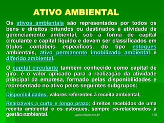 ATIVO AMBIENTAL
Os ativos ambientais são representados por todos os
bens e direitos oriundos ou destinados à atividade de
gerenciamento ambiental, sob a forma de capital
circulante e capital líquido e devem ser classificados em
títulos contábeis específicos, do tipo estoques
ambientais, ativo permanente imobilizado ambiental e
diferido ambiental.
O capital circulante também conhecido como capital de
giro, é o valor aplicado para a realização da atividade
principal da empresa, formado pelas disponibilidades e
representado no ativo pelos seguintes subgrupos:
Disponibilidades: valores referentes à receita ambiental;
Realizáveis a curto e longo prazo: direitos recebidos de uma
receita ambiental e os estoques, sempre co-relacionados à
gestão ambiental.
18/05/2024 110
www.nilson.pro.br
 