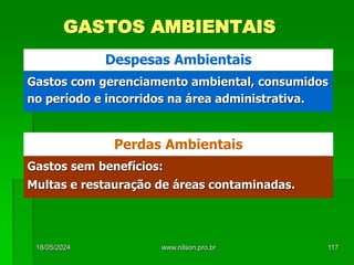 GASTOS AMBIENTAIS
Gastos com gerenciamento ambiental, consumidos
no período e incorridos na área administrativa.
Despesas Ambientais
Gastos sem benefícios:
Multas e restauração de áreas contaminadas.
Perdas Ambientais
18/05/2024 117
www.nilson.pro.br
 