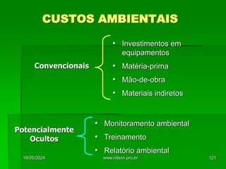 CUSTOS AMBIENTAIS
• Investimentos em
equipamentos
• Matéria-prima
• Mão-de-obra
• Materiais indiretos
Convencionais
• Monitoramento ambiental
• Treinamento
• Relatório ambiental
Potencialmente
Ocultos
18/05/2024 121
www.nilson.pro.br
 