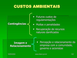 CUSTOS AMBIENTAIS
• Futuros custos de
regulamentações
• Multas e penalidades
• Recuperação de recursos
naturais danificados
Contingências
• Percepção e relacionamento da
empresa com a comunidade,
governo e acionistas
Imagem e
Relacionamento
18/05/2024 122
www.nilson.pro.br
 