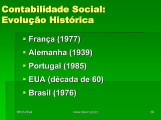 Contabilidade Social:
Evolução Histórica
 França (1977)
 Alemanha (1939)
 Portugal (1985)
 EUA (década de 60)
 Brasil (1976)
18/05/2024 38
www.nilson.pro.br
 