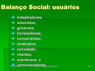 Balanço Social: usuários
 trabalhadores;
 acionistas;
 governos;
 fornecedores;
 concorrentes;
 sindicatos;
 sociedade;
 clientes;
 estudiosos; e
 administradores.
18/05/2024 46
www.nilson.pro.br
 