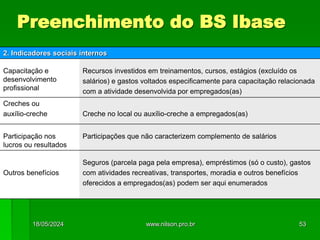 Preenchimento do BS Ibase
2. Indicadores sociais internos
Capacitação e
desenvolvimento
profissional
Recursos investidos em treinamentos, cursos, estágios (excluído os
salários) e gastos voltados especificamente para capacitação relacionada
com a atividade desenvolvida por empregados(as)
Creches ou
auxílio-creche Creche no local ou auxílio-creche a empregados(as)
Participação nos
lucros ou resultados
Participações que não caracterizem complemento de salários
Outros benefícios
Seguros (parcela paga pela empresa), empréstimos (só o custo), gastos
com atividades recreativas, transportes, moradia e outros benefícios
oferecidos a empregados(as) podem ser aqui enumerados
18/05/2024 53
www.nilson.pro.br
 