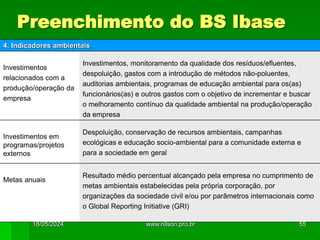 Preenchimento do BS Ibase
4. Indicadores ambientais
Investimentos
relacionados com a
produção/operação da
empresa
Investimentos, monitoramento da qualidade dos resíduos/efluentes,
despoluição, gastos com a introdução de métodos não-poluentes,
auditorias ambientais, programas de educação ambiental para os(as)
funcionários(as) e outros gastos com o objetivo de incrementar e buscar
o melhoramento contínuo da qualidade ambiental na produção/operação
da empresa
Investimentos em
programas/projetos
externos
Despoluição, conservação de recursos ambientais, campanhas
ecológicas e educação socio-ambiental para a comunidade externa e
para a sociedade em geral
Metas anuais
Resultado médio percentual alcançado pela empresa no cumprimento de
metas ambientais estabelecidas pela própria corporação, por
organizações da sociedade civil e/ou por parâmetros internacionais como
o Global Reporting Initiative (GRI)
18/05/2024 55
www.nilson.pro.br
 