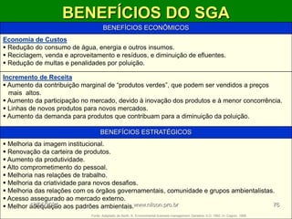 BENEFÍCIOS DO SGA
BENEFÍCIOS ECONÔMICOS
Economia de Custos
 Redução do consumo de água, energia e outros insumos.
 Reciclagem, venda e aproveitamento e resíduos, e diminuição de efluentes.
 Redução de multas e penalidades por poluição.
Incremento de Receita
 Aumento da contribuição marginal de “produtos verdes”, que podem ser vendidos a preços
mais altos.
 Aumento da participação no mercado, devido à inovação dos produtos e à menor concorrência.
 Linhas de novos produtos para novos mercados.
 Aumento da demanda para produtos que contribuam para a diminuição da poluição.
BENEFÍCIOS ESTRATÉGICOS
 Melhoria da imagem institucional.
 Renovação da carteira de produtos.
 Aumento da produtividade.
 Alto comprometimento do pessoal.
 Melhoria nas relações de trabalho.
 Melhoria da criatividade para novos desafios.
 Melhoria das relações com os órgãos governamentais, comunidade e grupos ambientalistas.
 Acesso assegurado ao mercado externo.
 Melhor adequação aos padrões ambientais.
Fonte: Adaptado de North, K. Environmental business management. Genebra: ILO, 1992. In: Cagnin, 1999.
18/05/2024 76
www.nilson.pro.br
 