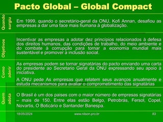 Em 1999, quando o secretário-geral da ONU, Kofi Annan, desafiou as
empresas a dar uma face mais humana à globalização.
Incentivar as empresas a adotar dez princípios relacionados à defesa
dos direitos humanos, das condições de trabalho, do meio ambiente e
do combate à corrupção para tornar a economia mundial mais
sustentável e promover a inclusão social.
As empresas podem se tornar signatárias do pacto enviando uma carta
do presidente ao Secretario Geral da ONU expressando seu apoio à
iniciativa.
A ONU pede As empresas que relatem seus avanços anualmente e
estuda mecanismos para avaliar o comprometimento das signatárias
O Brasil é um dos paises com o maior número de empresas signatárias
– mais de 150. Entre elas estão Belgo, Petrobrás, Fersol, Copel,
Novartis, O Boticário e Santander Banespa.
Pacto Global – Global Compact
18/05/2024 83
www.nilson.pro.br
 