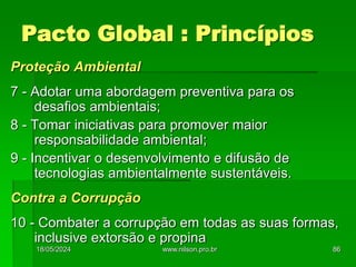 Proteção Ambiental
7 - Adotar uma abordagem preventiva para os
desafios ambientais;
8 - Tomar iniciativas para promover maior
responsabilidade ambiental;
9 - Incentivar o desenvolvimento e difusão de
tecnologias ambientalmente sustentáveis.
Contra a Corrupção
10 - Combater a corrupção em todas as suas formas,
inclusive extorsão e propina
Pacto Global : Princípios
18/05/2024 86
www.nilson.pro.br
 