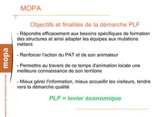 MOPA  Objectifs et finalités de la démarche PLF - Répondre efficacement aux besoins spécifiques de formation des structures et ainsi adapter les équipes aux mutations métiers - Renforcer l'action du PAT et de son animateur - Permettre au travers de ce temps d'animation locale une meilleure connaissance de son territoire - Mieux gérer l'information, mieux accueillir les visiteurs, tendre vers la démarche qualité PLF = levier économique 