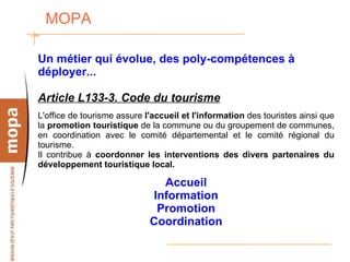 MOPA  Un métier qui évolue, des poly-compétences à déployer... Article L133-3. Code du tourisme L'office de tourisme assure  l'accueil et l'information  des touristes ainsi que la  promotion touristique  de la commune ou du groupement de communes, en coordination avec le comité départemental et le comité régional du tourisme. Il contribue à  coordonner les interventions des divers partenaires du développement touristique local. Accueil Information Promotion Coordination 