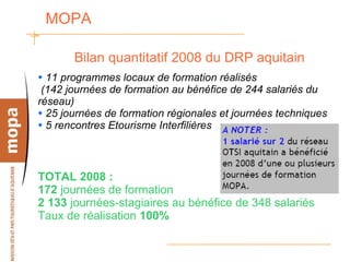 MOPA  Bilan quantitatif 2008 du DRP aquitain 11 programmes locaux de formation réalisés (142 journées de formation au bénéfice de 244 salariés du réseau) 25 journées de formation régionales et journées techniques 5 rencontres Etourisme Interfilières TOTAL 2008 :  172  journées de formation 2 133  journées-stagiaires au bénéfice de 348 salariés Taux de réalisation  100% 