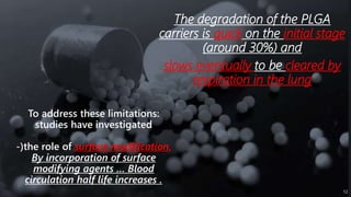 12
To address these limitations:
studies have investigated
-)the role of surface modification,
By incorporation of surface
modifying agents … Blood
circulation half life increases .
The degradation of the PLGA
carriers is quick on the initial stage
(around 30%) and
slows eventually to be cleared by
respiration in the lung
 