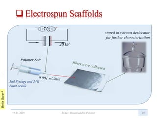 RohitGurav*
 Electrospun Scaffolds
29
Polymer Soln
20 kV
5ml Syringe and 24G
blunt needle
stored in vacuum desiccator
for further characterization
19-11-2016 PLGA: Biodegradable Polymer
 