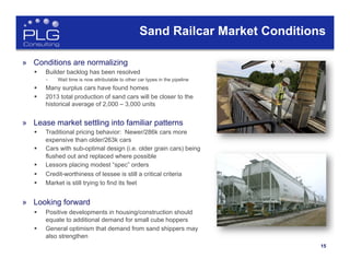 15
Sand Railcar Market Conditions
»  Conditions are normalizing
§  Builder backlog has been resolved
–  Wait time is now attributable to other car types in the pipeline
§  Many surplus cars have found homes
§  2013 total production of sand cars will be closer to the
historical average of 2,000 – 3,000 units
»  Lease market settling into familiar patterns
§  Traditional pricing behavior: Newer/286k cars more
expensive than older/263k cars
§  Cars with sub-optimal design (i.e. older grain cars) being
flushed out and replaced where possible
§  Lessors placing modest “spec” orders
§  Credit-worthiness of lessee is still a critical criteria
§  Market is still trying to find its feet
»  Looking forward
§  Positive developments in housing/construction should
equate to additional demand for small cube hoppers
§  General optimism that demand from sand shippers may
also strengthen
 