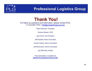50
Thank You!
For follow up questions and information, please contact PLG:
+1-312-957-7757 / info@prologisticsgroup.com
Taylor Robinson, President
Graham Brisben, CEO
Jean Arndt, Vice President
Jeff Dowdell, Senior Consultant
Gordon Heisler, Senior Consultant
Jeff Rasmussen, Senior Consultant
Jay Olberding, Analyst
This presentation is available at:
WWW.PLGCONSULTING.COM
Professional Logistics Group
 