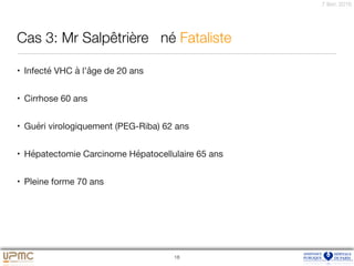 7 févr. 2016
Cas 3: Mr Salpêtrière né Fataliste
• Infecté VHC à l’âge de 20 ans

• Cirrhose 60 ans

• Guéri virologiquement (PEG-Riba) 62 ans

• Hépatectomie Carcinome Hépatocellulaire 65 ans

• Pleine forme 70 ans
18
 